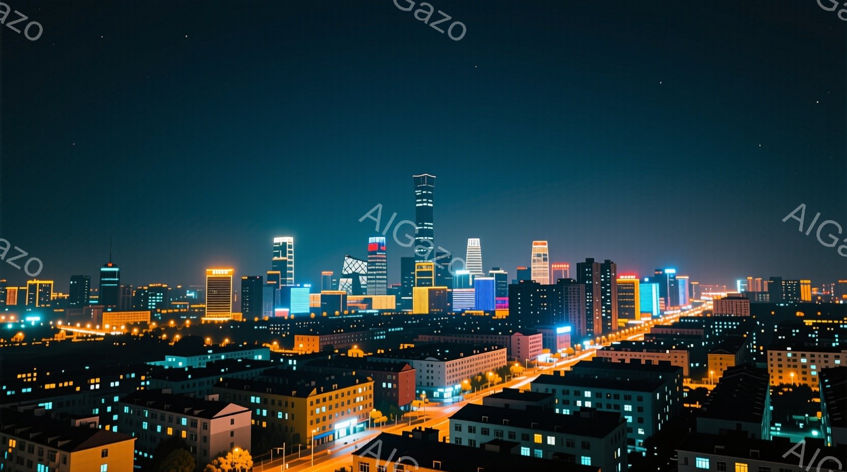 夜間の都市景色で、街並みがイルミネーションで明るく演出されています。多数の高層ビルが見られ、それぞれに色調が異なり、都市の活気を表しています。道路は照明で光っており、車両も確認できます。人物は画像から見ると、個別の特徴を識別することは困難ですが、一般的に都市居民の様子を表しています。全体として、画像は繁華な都市夜景を描写しており、大規模な都市の活動性を示しています。