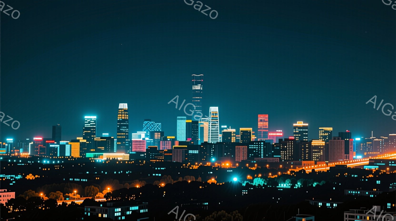 夜景が広がり、高層ビル群が鮮やかな光で彩られています。都市の灯りがオレンジ色や青色に輝き、未来的な印象を与えます。手前の暗いエリアには建物のシルエットが見え、遠くの都市と対照をなしています。