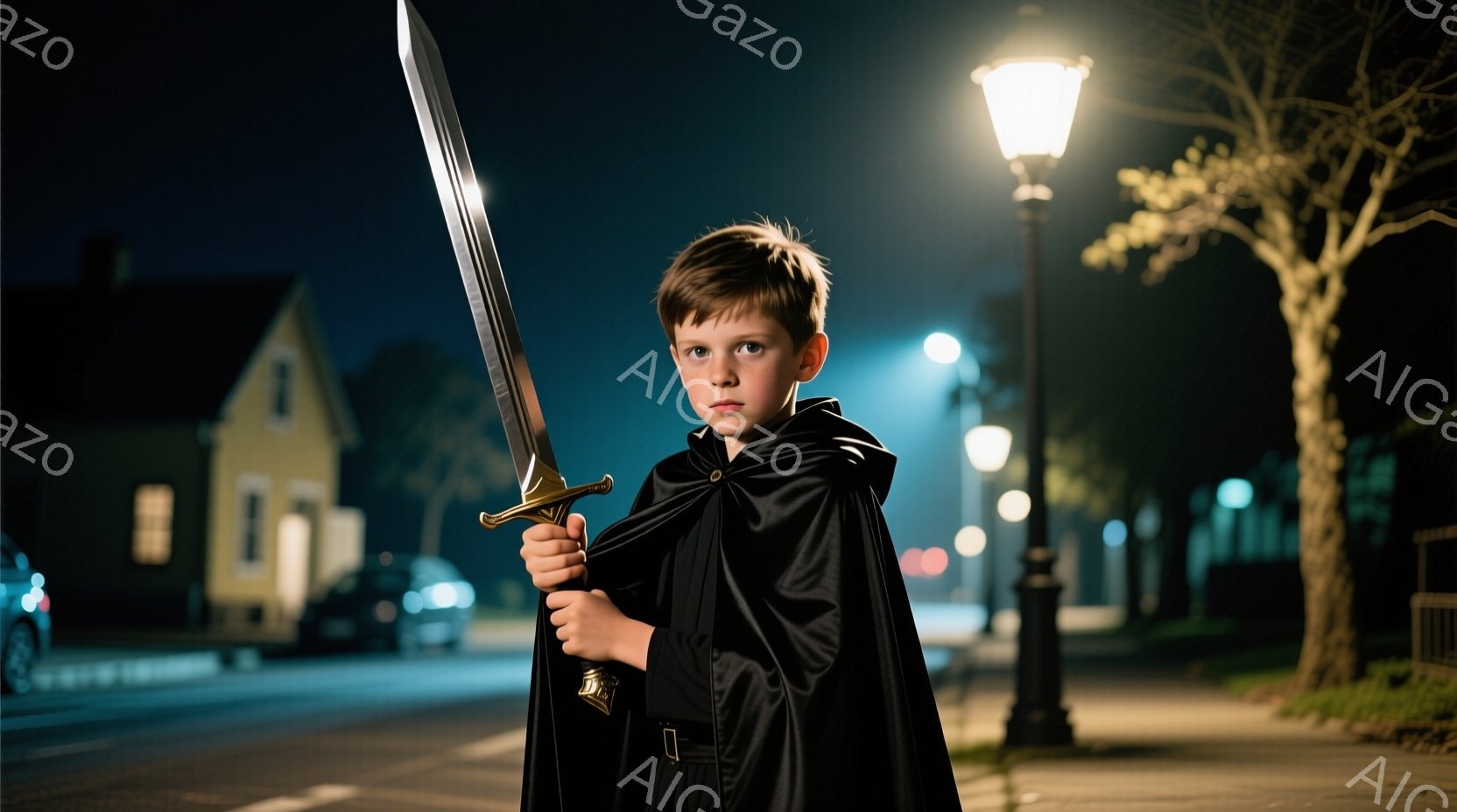 少年は黒いマントとズボンを身につけ、手に銀色の剣を持っています。彼の髪は短く、少しカールしており、表情は真剣で、まるで何かを守るかのように決意に満ちています。背景には、夜の住宅街の風景が広がり、街灯の光がアスファルトを照らし、秋の夜の静けさが感じられます。