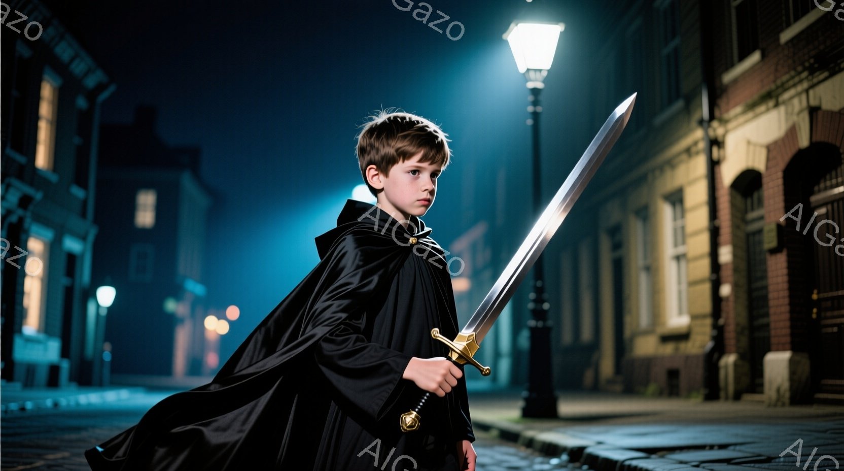 少年は黒いケープを羽織り、黄金の装飾が施された大きな剣を握って立っている。彼の髪は短く、表情は真剣で、どこか憂いを帯びている。背景は石畳の道と古いレンガ造りの建物が並ぶ夜の街並みで、ガス灯の光がぼんやりとあたりを照らしている。