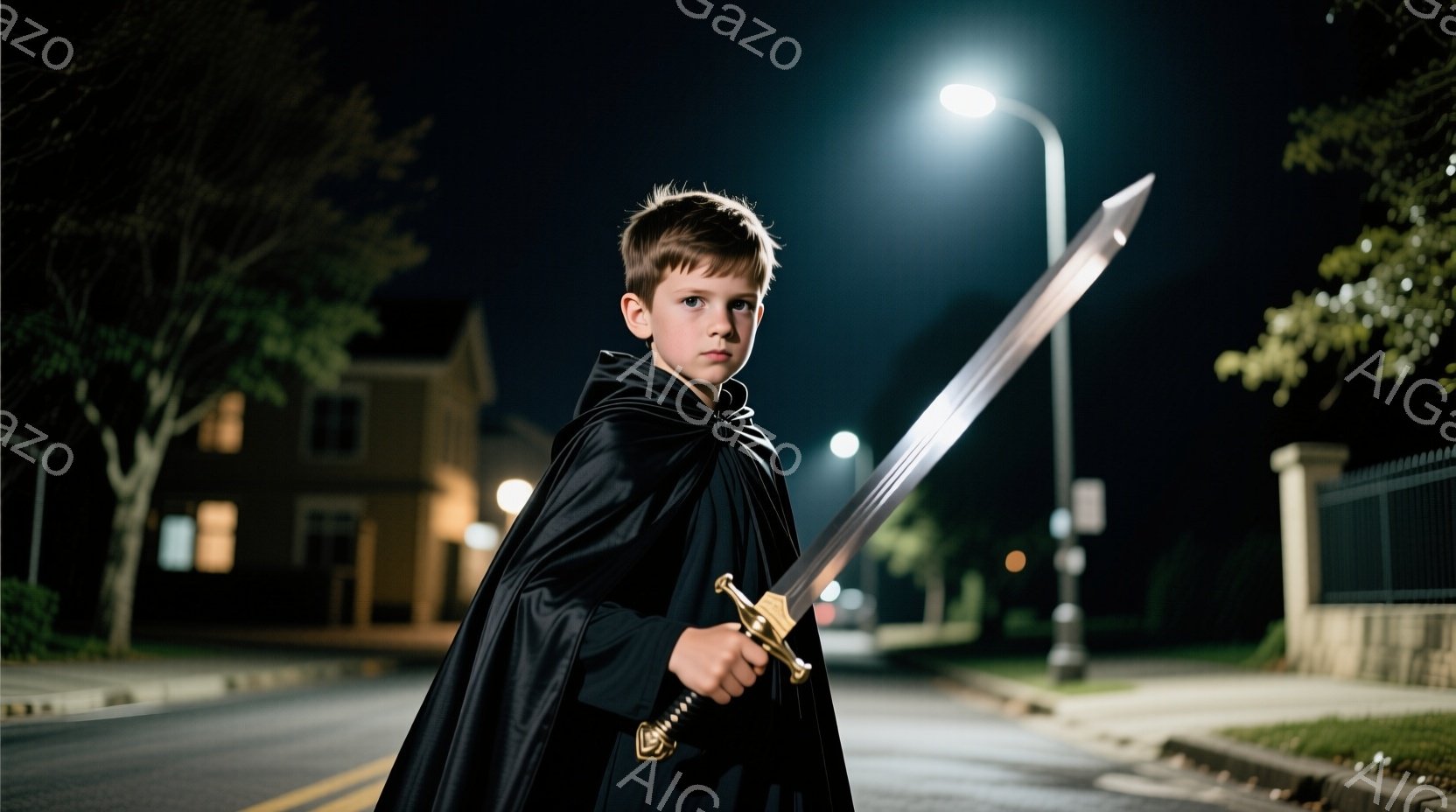 黒いマントを羽織り、大きな剣を構えた少年が写っている。少年は短い茶色の髪で、真剣な表情でカメラを見つめている。背景は住宅街の夜景で、街灯の光が道路を照らし、暗い空の下で静かな雰囲気が漂っている。