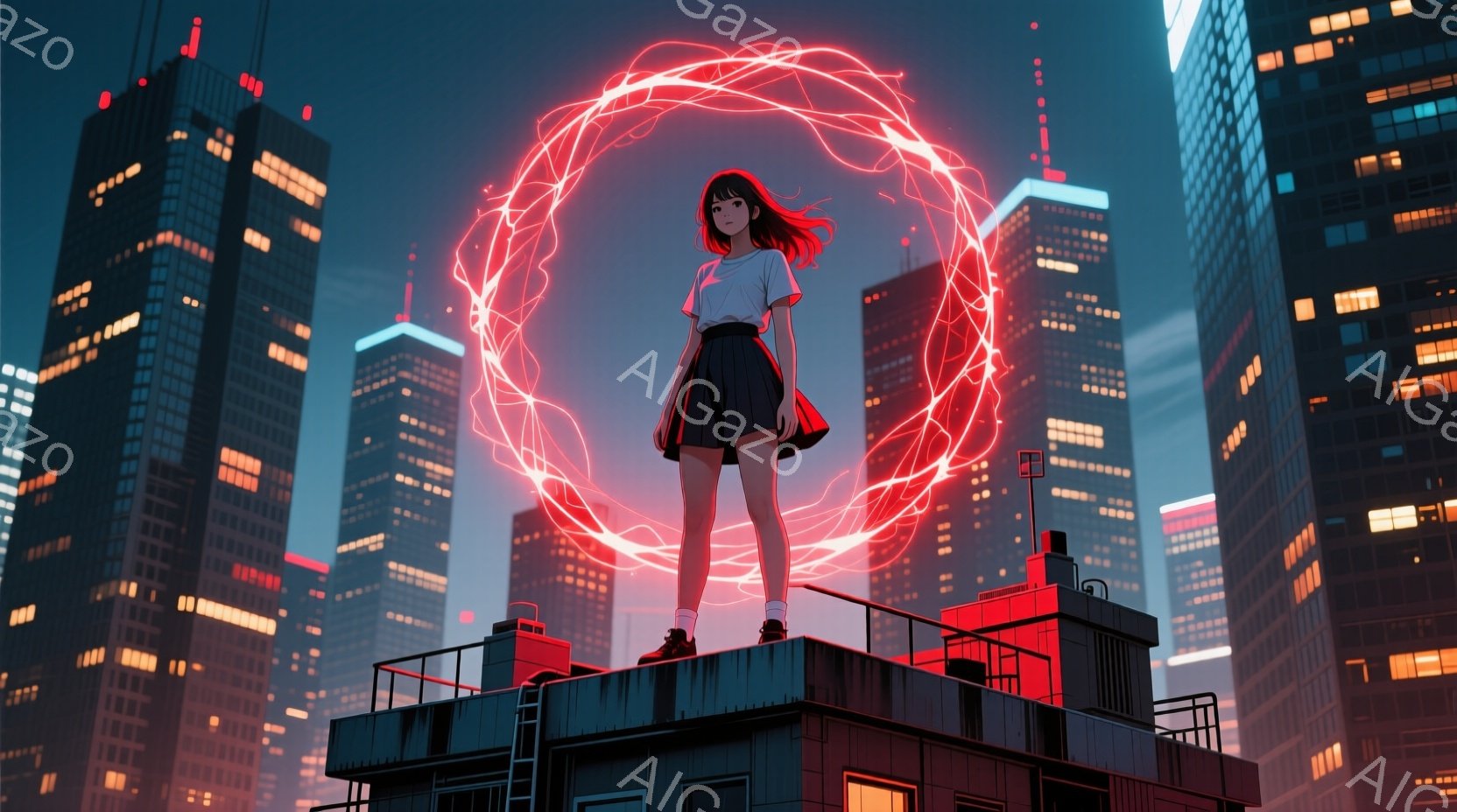 夜景を背景に、黒髪の少女が屋上に立っている。白いTシャツと黒いプリーツスカートを着用し、後ろで髪が風になびいている。頭上には赤い光の輪が浮かび、まるで彼女を中心に何かが起こっているかのような幻想的な雰囲気を作り出している。