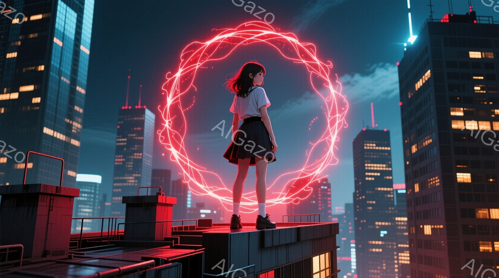 黒髪の少女が屋上の縁に立ち、背後には赤い光の輪が浮かんでいる。彼女は白いシャツと黒いプリーツスカート、白い靴下とスニーカーを履いており、少し俯き加減で何かを見つめているような姿勢だ。背景には高層ビル群が広がり、夜空は薄暗く、都市の光が幻想的な雰囲気を醸し出している。