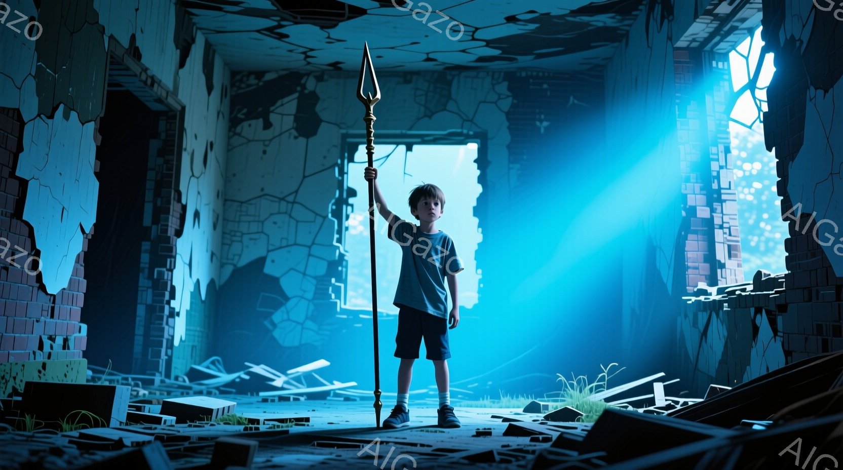 少年は廃墟の中で、青いTシャツと黒い短パン姿で、槍のようなものを肩に担いで立っている。背景は崩れかけたレンガ造りの建物で、瓦礫と草が生い茂り、強い光線が差し込んでいる。全体的に、荒廃した世界で希望を胸に立つ少年の、孤独で力強い雰囲気が漂っている。