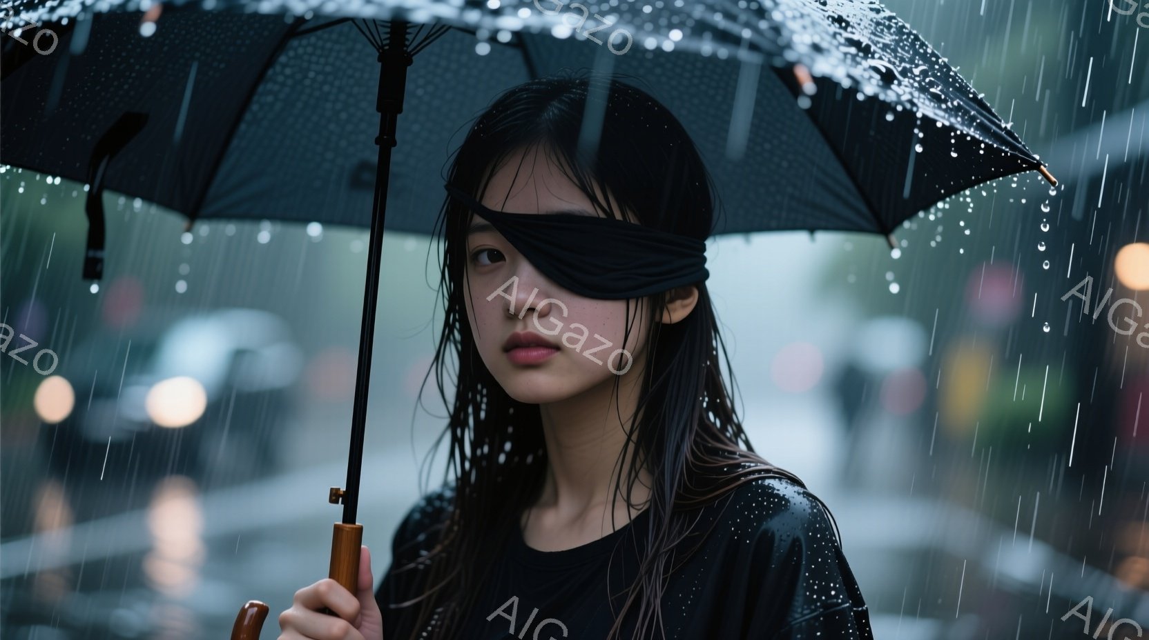 長い黒髪を濡らし、目元には黒い布を巻いた若い女性が、黒い傘を手に立っている。彼女は真っ直ぐ前を見据え、表情はどこか憂いを帯びている。背景は雨に煙る夜の街並みで、ライトがぼんやりと光り、全体的に寂しげで物憂げな雰囲気を醸し出している。
