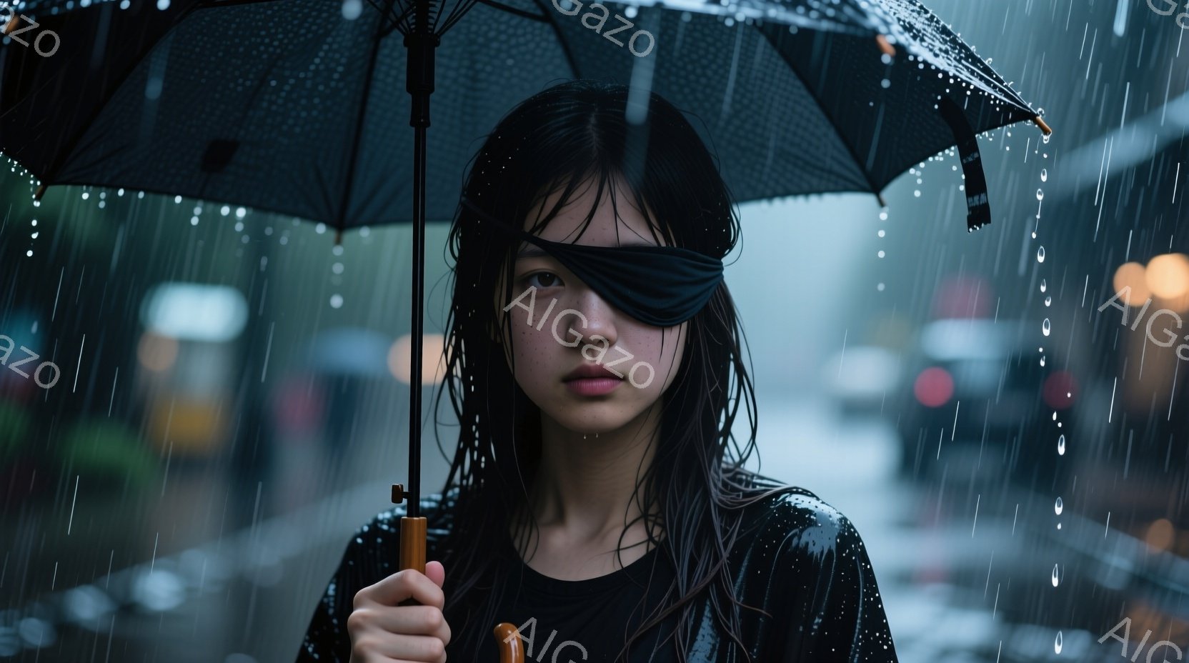 長い黒髪が雨に濡れて肩にかかっている若い女性が、黒いジャケットを着用し、強い雨の中を傘をさして立っている。彼女の表情は無表情で、どこか憂いを帯びており、視線は正面を捉えている。背景にはぼやけた街並みが - AI生成フリー素材