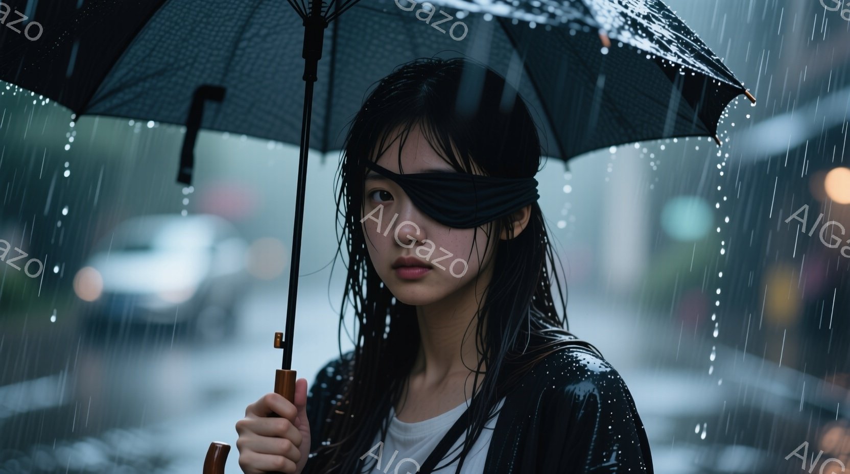 長い黒髪の女性が、雨の中、傘を手に立っている。彼女は白いインナーと黒いジャケットを着ており、目は黒い布で覆われている。背景にはぼやけた都市の風景と激しい雨が写り、憂鬱で神秘的な雰囲気を醸し出している。