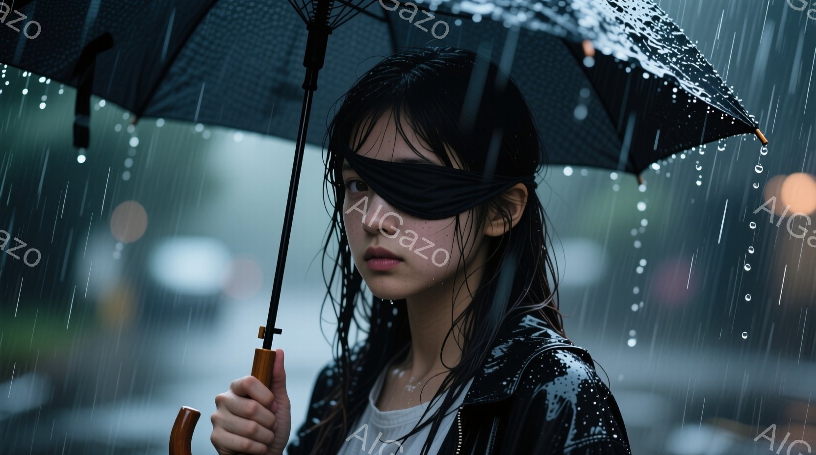 雨の中で、黒い傘を手に持つ若い女性が写っている。彼女は濡れた黒髪で、顔の輪郭を強調し、憂いを帯びた表情で正面を見つめている。背景には雨粒が降り注ぎ、ぼやけた街並みが広がり、全体的に物悲しく、内省的な雰囲気を醸し出している。