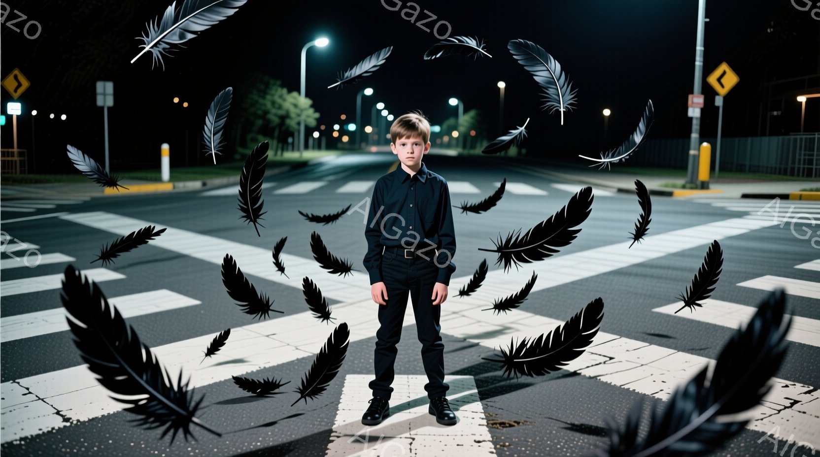 黒い服を着た少年が、横断歩道の中央に立っている。背景は夜の道路で、多くの黒い羽が少年を取り囲み、空中に舞っている。全体的に、神秘的で少し不気味な雰囲気が漂っている。 - AI生成フリー素材