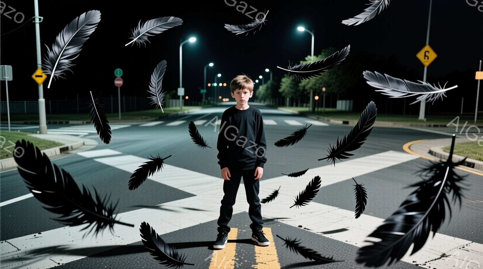 少年は、黒いTシャツと黒いズボンを身に着け、交差点の白線の上で正面を向いて立っている。彼の髪は短く、表情はやや無表情で、周りには黒い羽根が舞っている。背景は夜の静かな街並みで、街灯が光り、道路と草地が広がり、少し幻想的で、どこか寂しげな雰囲気を醸し出している。