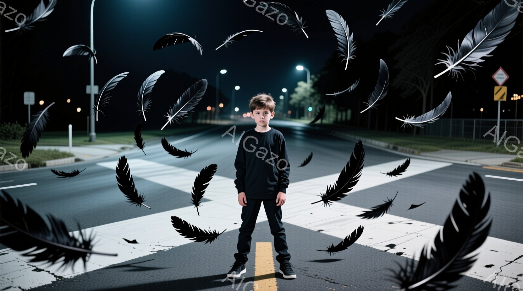 少年はアスファルトの道路の中央に立っており、黒いTシャツとジーンズ、スニーカーを着用しています。彼はまっすぐ前を見つめ、表情はやや無表情で、背景には黒い羽根が舞い散っています。夜の住宅街の道路で、街灯が点灯し、暗く幻想的な雰囲気を醸し出しています。