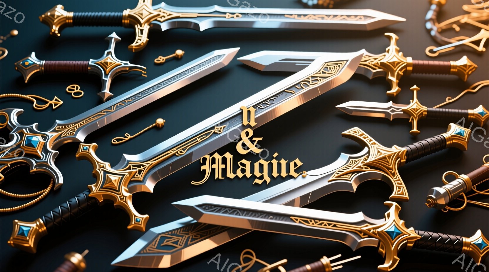 複数のファンタジー風の剣が黒い背景に配置されている。剣は白と金色の装飾が施され、宝石がはめ込まれている。全体的に、高級感と魔法のような雰囲気を醸し出している。