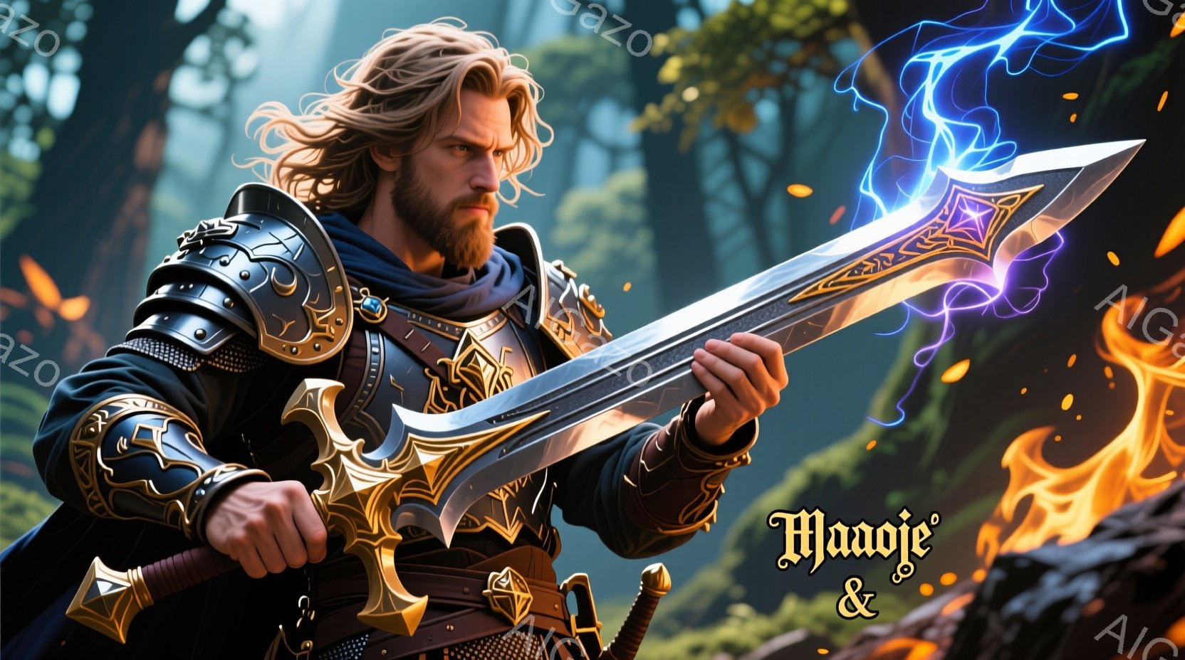 金髪碧眼の戦士が、複雑な装飾が施された銀色の剣を両手で構えている。彼は肩甲冑と胸当てを身に着け、首元には黒い布を巻いている。背景は緑豊かな森林で、剣からは青い稲妻のようなエネルギーがほとばしり、燃え盛る炎が舞っている。