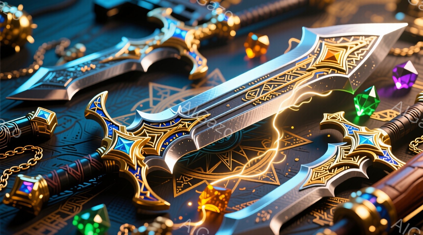 鮮やかな背景に、宝石のような装飾が施された幻想的な剣が複数配置されている。剣は複雑な金属加工が施され、青い宝石が埋め込まれた柄を持ち、金色の光が縁取られている。周囲には金貨や宝石が散りばめられ、まるでファンタジー世界の宝物庫のような雰囲気を醸し出している。