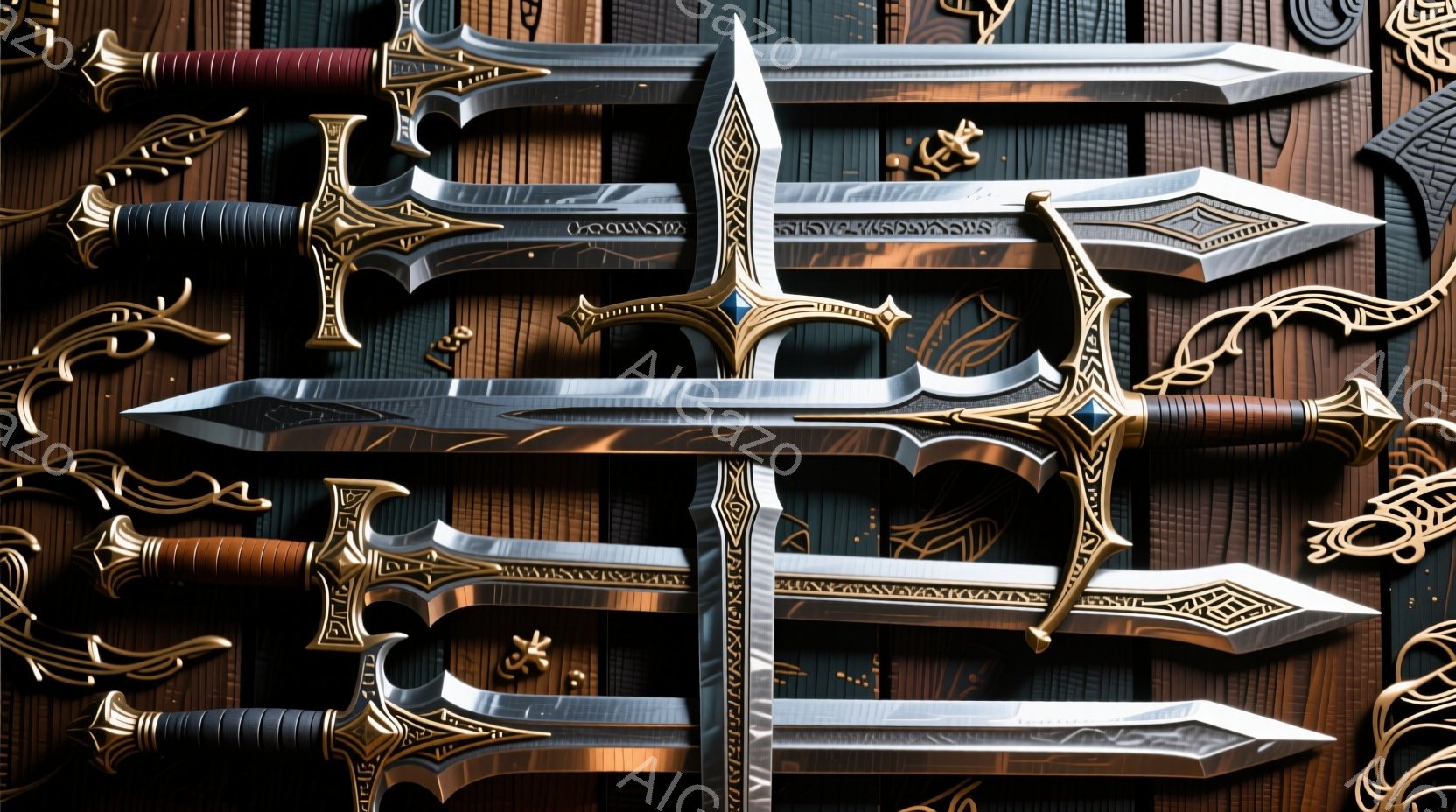 様々なデザインのファンタジー風の剣が、木製の背景に並べられています。剣は複雑な装飾が施された柄と、磨き上げられた銀色の刃を持ち、それぞれ独特の形状をしています。背景の木材は暗い茶色で、剣の金属的な輝きを際立たせており、全体として重厚でファンタジー的な雰囲気を醸し出しています。