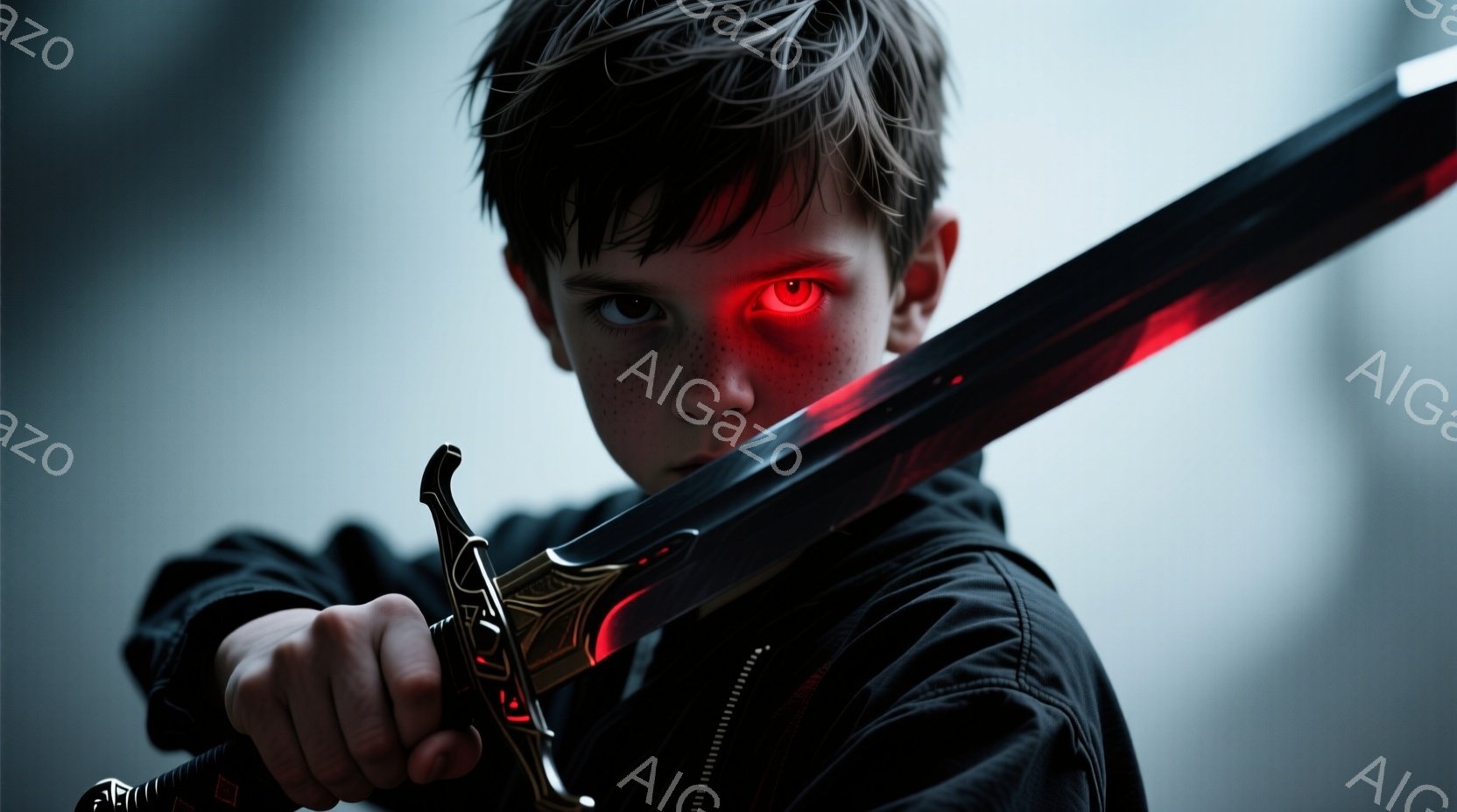 少年は黒いジャケットを着ており、髪は短く整えられています。彼の目は赤く光っており、険しい表情で剣を構えています。背景はぼやけた都市の風景で、全体的に緊張感と神秘的な雰囲気を醸し出しています。