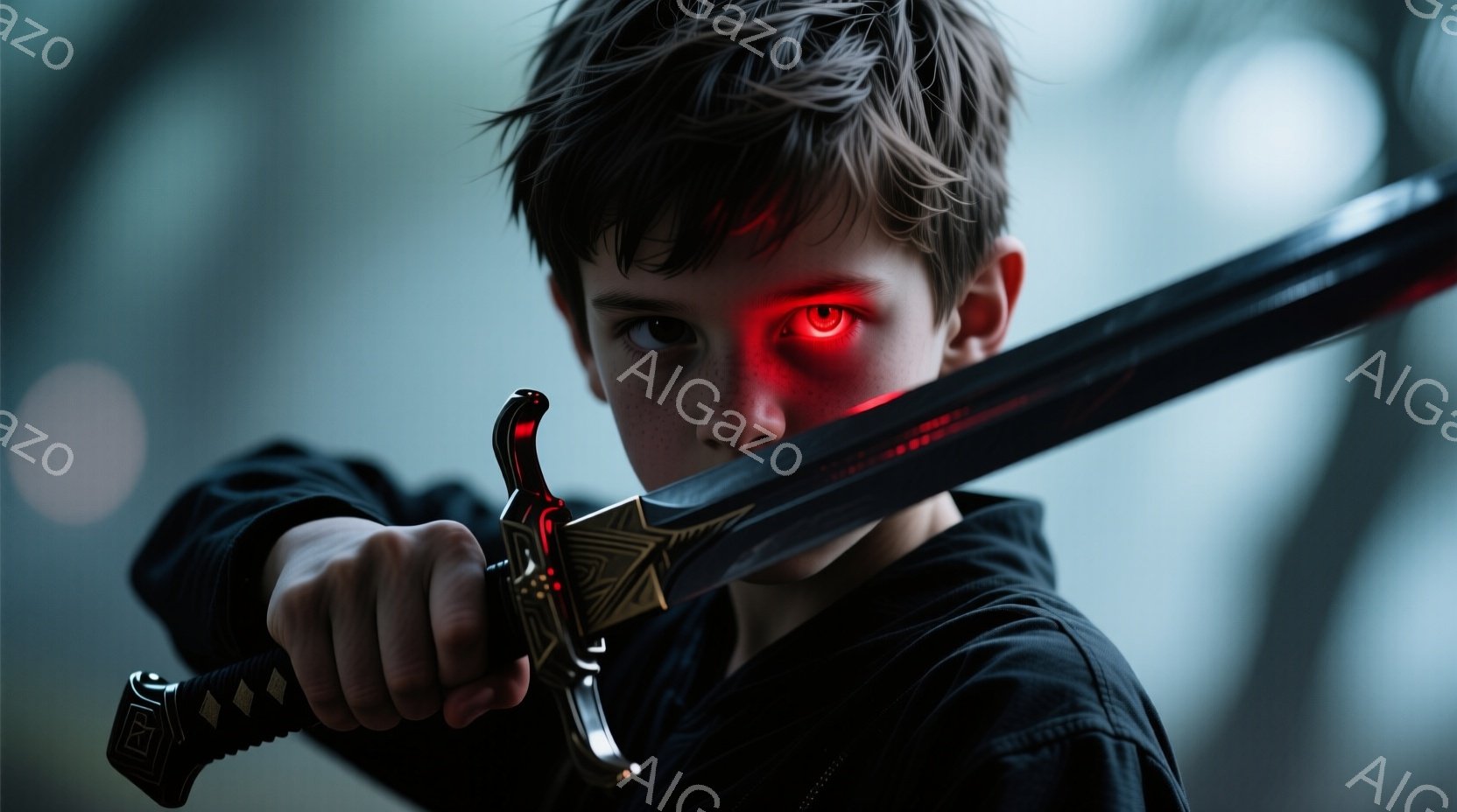 少年は黒いジャケットを着ており、眉間にしわを寄せ、鋭い眼光でこちらを見ている。彼の目は鮮やかな赤色に光り、まるで何かの力に憑りつかれたかのようだ。背景にはぼやけた建物が見え、全体的に緊張感と不気味さを漂わせる雰囲気である。