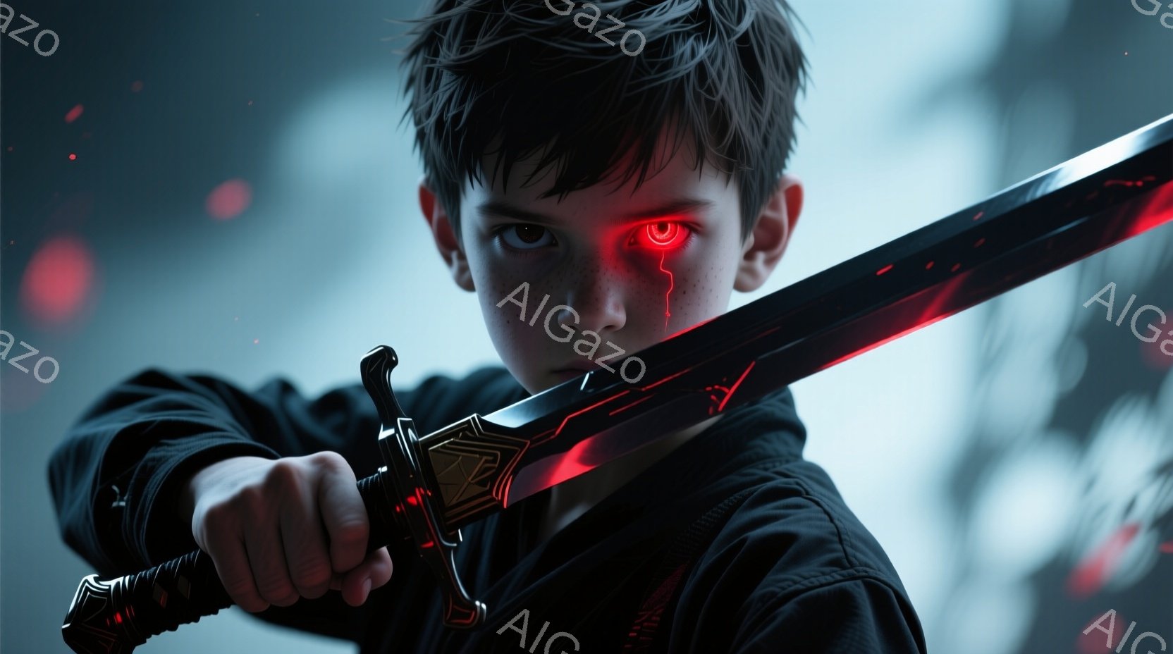 少年は黒いジャケットを着ており、眉間に赤い線が走っています。彼は鋭い視線で剣を前に突き出し、強い意志と決意を表明しています。背景は暗く、ぼやけており、赤い光点が散りばめられており、緊張感と神秘的な雰囲気を醸し出しています。