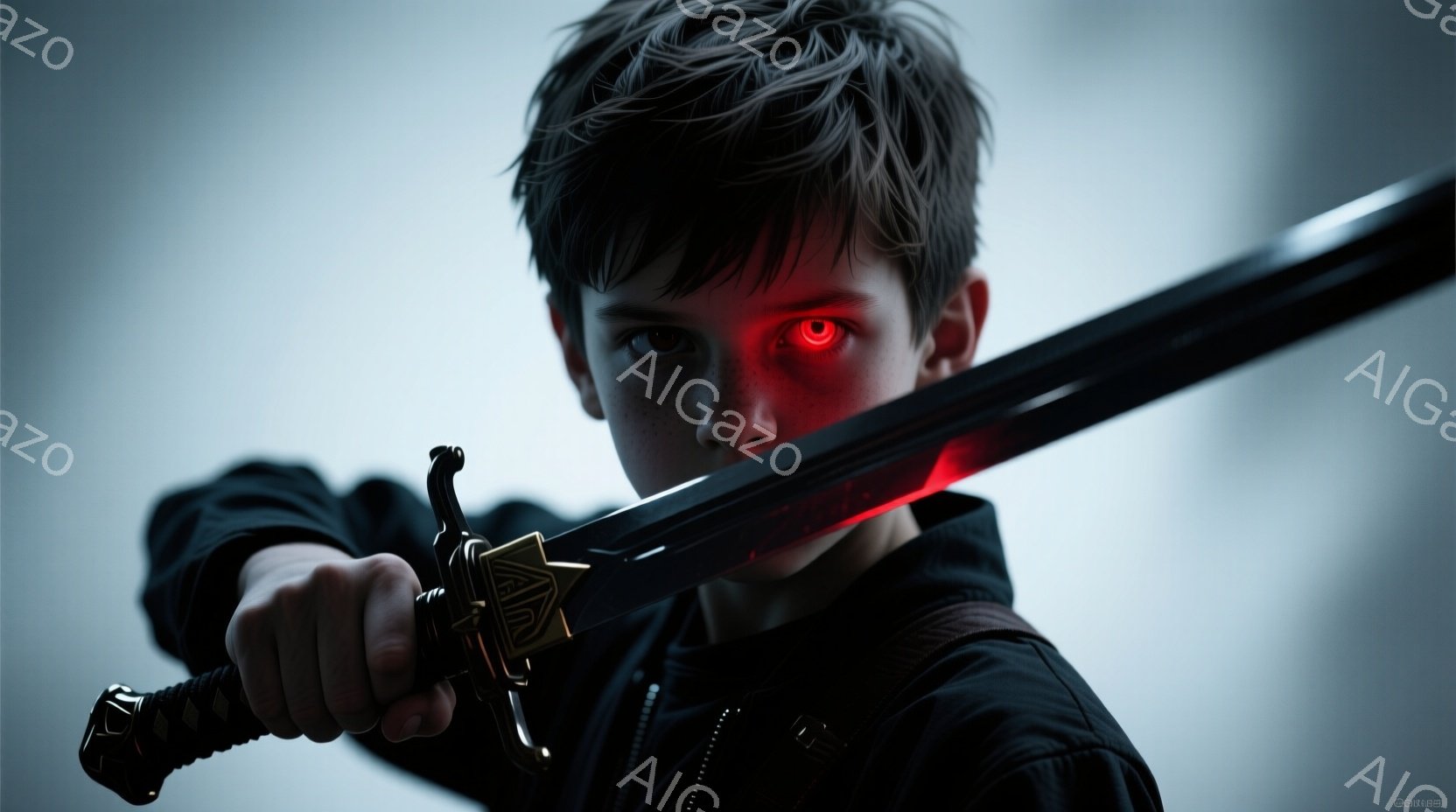 少年は黒い服を着て、鋭い眼差しでカメラを見つめています。彼は片手に複雑な装飾が施された刀を持ち、構えをとっています。背景はぼやけており、薄暗い青色で、少年の力強い姿を際立たせています。