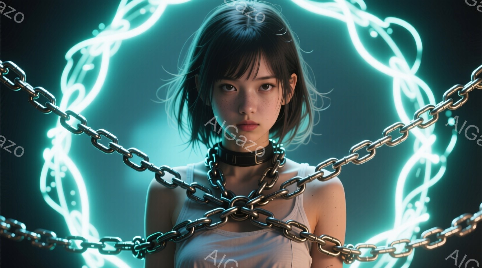 短い黒髪の女性が、白いタンクトップと金属製のチョーカーを身につけて正面を見据えています。彼女は少し憂いを帯びた表情で、鎖に囲まれた空間に立っています。背景は青白い光の線で構成された抽象的な模様で、全体的にミステリアスで幻想的な雰囲気を醸し出しています。