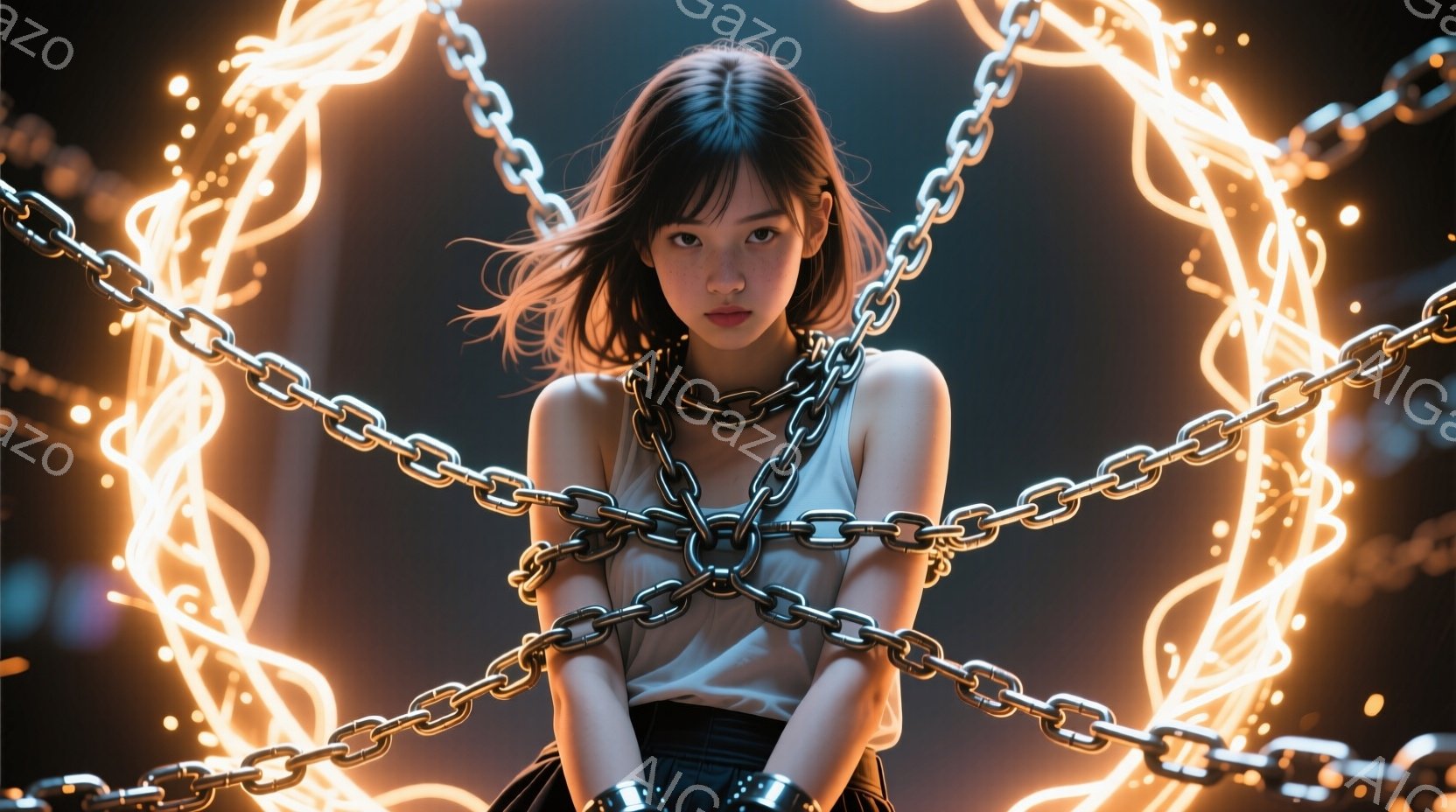 若い女性が、白いタンクトップと黒いスカートを身に着けて立っている。彼女はダークブラウンの髪を肩まで伸ばし、少し憂いを帯びた表情でこちらを見ている。背景には、鮮やかなオレンジ色の光る鎖のような模様が彼女を囲むように配置され、神秘的で幻想的な雰囲気を醸し出している。