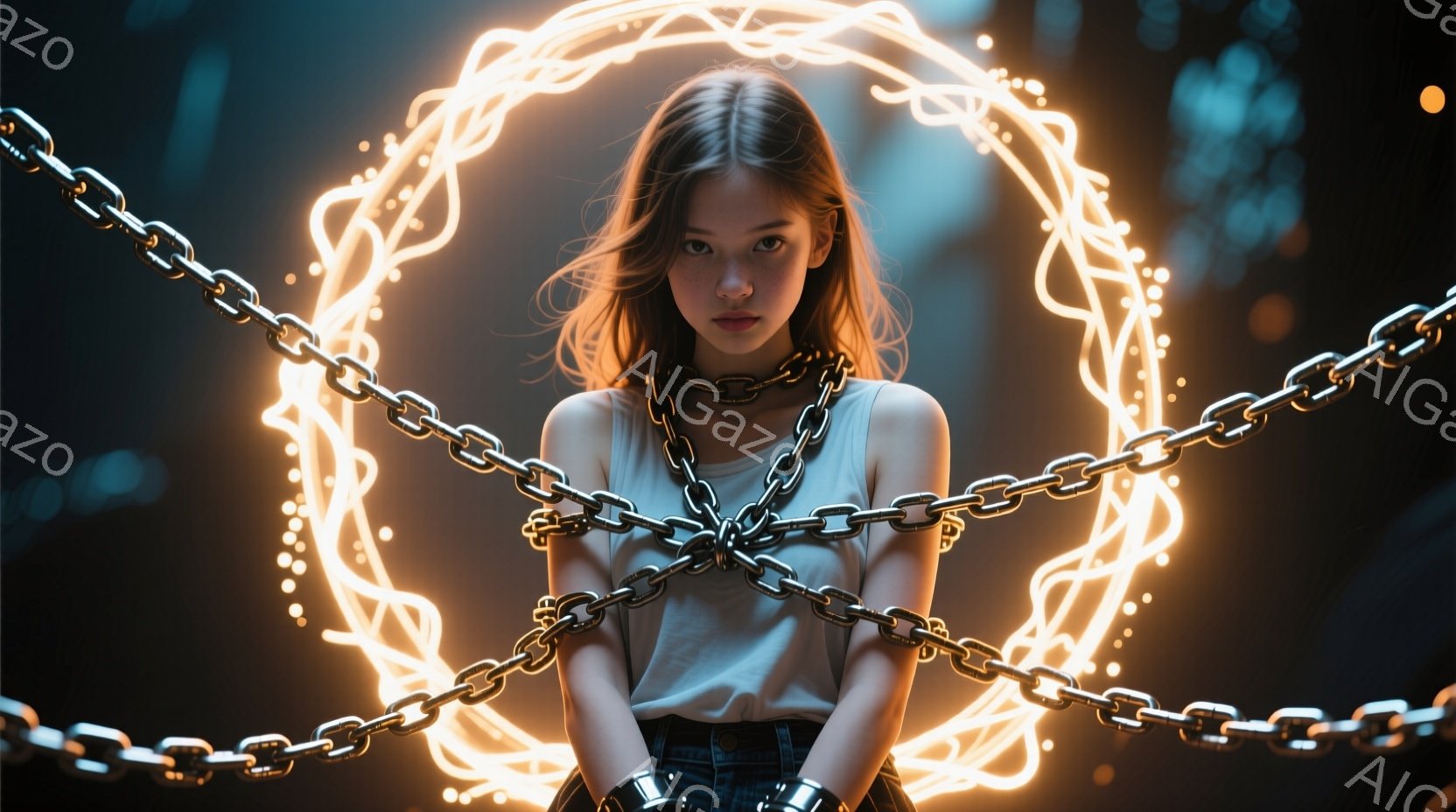 長い茶色の髪をした若い女性が、白いタンクトップと黒いズボンを身に着けて立っています。彼女は金属製のチェーンで拘束されており、表情はやや憂いを帯びています。背景には光る輪が描かれ、暗闇の中に浮かび上がるような幻想的な雰囲気を醸し出しています。