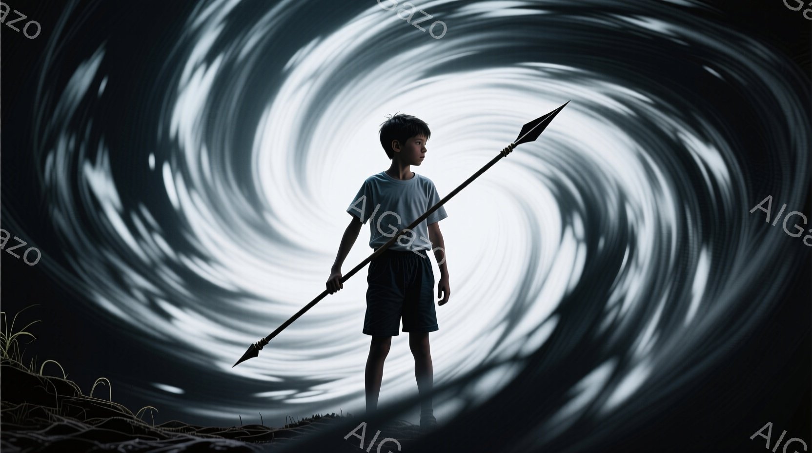 男の子は白いTシャツと紺色の短パンを着て、背中に長い槍を担いで立っている。彼の髪は短く、表情は真剣で、遠くを見つめているようだ。背景は渦巻くような暗い靄で覆われ、足元には枯れた草が生えていることから、荒涼とした、あるいは幻想的な雰囲気が漂っている。