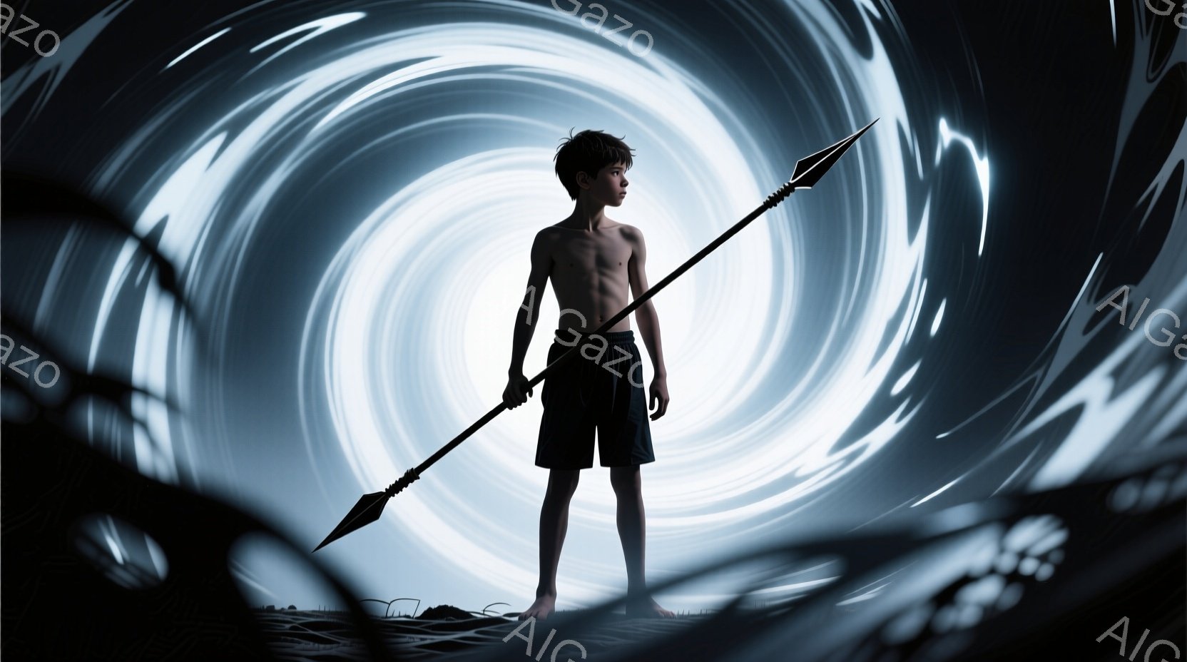 少年は裸足で短パン姿で、砂のような地面に立っている。彼は長い槍を両手で握り、まっすぐに前を見据えている。背景は渦巻く白い光で満たされており、まるで異次元空間のような、神秘的で緊張感のある雰囲気を作り出している。