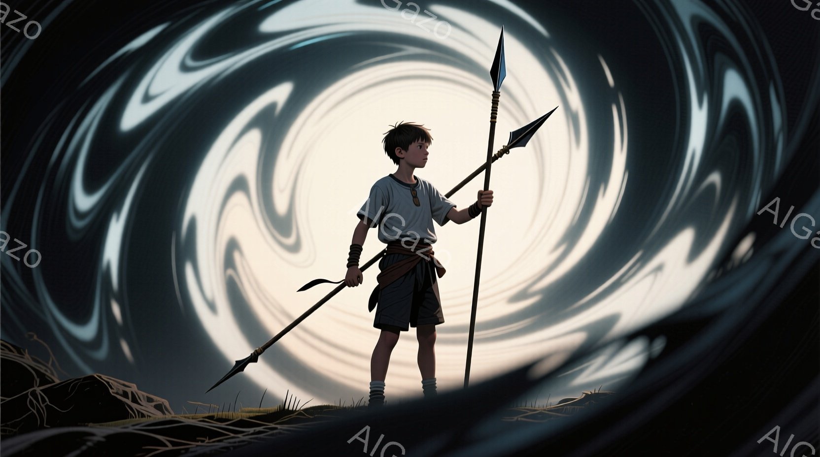 少年は短い茶色の髪と、少し憂いを帯びた表情で立っている。彼は灰色のチュニックと短いズボンを身に着け、腰に茶色の帯を結んでいる。背景には渦巻くような光の模様が広がり、足元には枯れた草が広がる荒涼とした風景が広がっている。