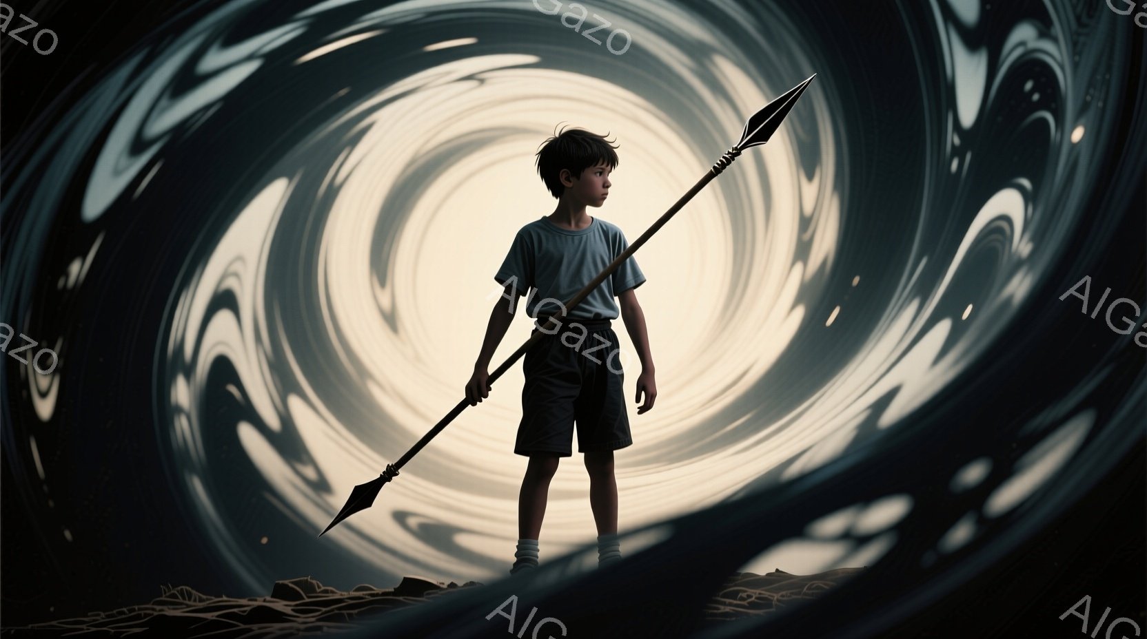 この少年は、黒い渦巻く背景の前で、短いズボンと白いTシャツを着て立っている。彼は長い槍を肩に担ぎ、やや下を向いた表情で、力強く、決意に満ちた雰囲気を醸し出している。足元には岩場が広がっており、全体的に - AI生成フリー素材
