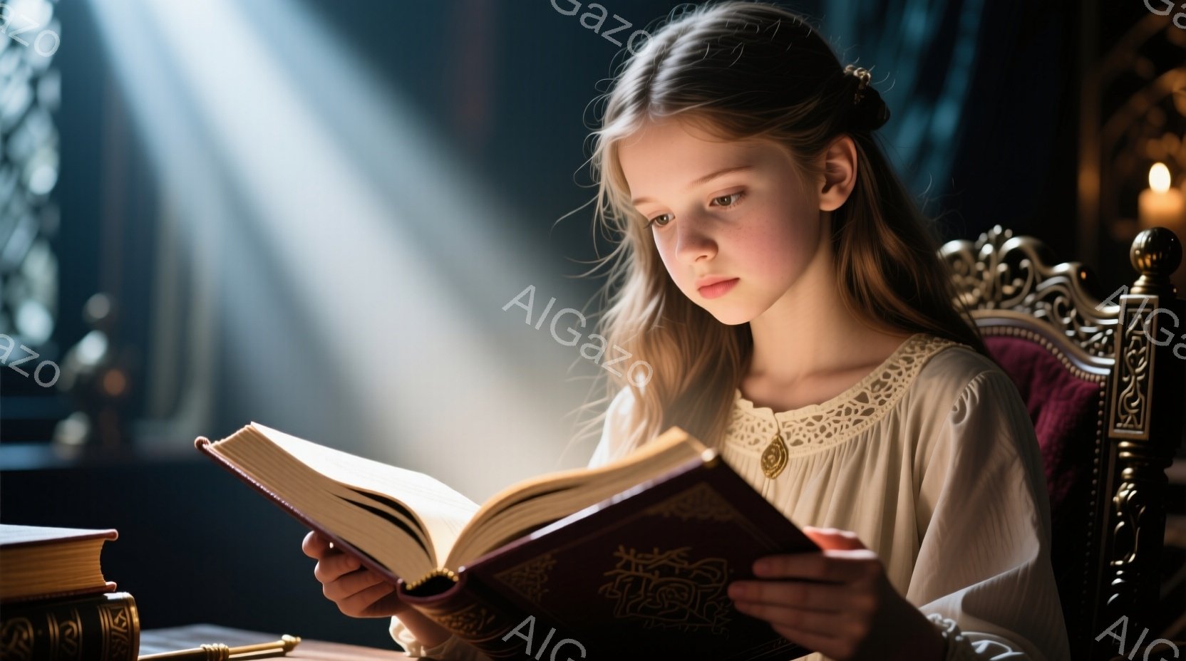 少女は、装飾的な椅子に座り、古びた革表紙の本を熱心に読んでいる。オフホワイトのレース襟のブラウスを着ており、髪は後ろで三つ編みにされている。背景にはぼやけた燭台や他の本が見え、強い光線が本に当たり、神 - AI生成フリー素材