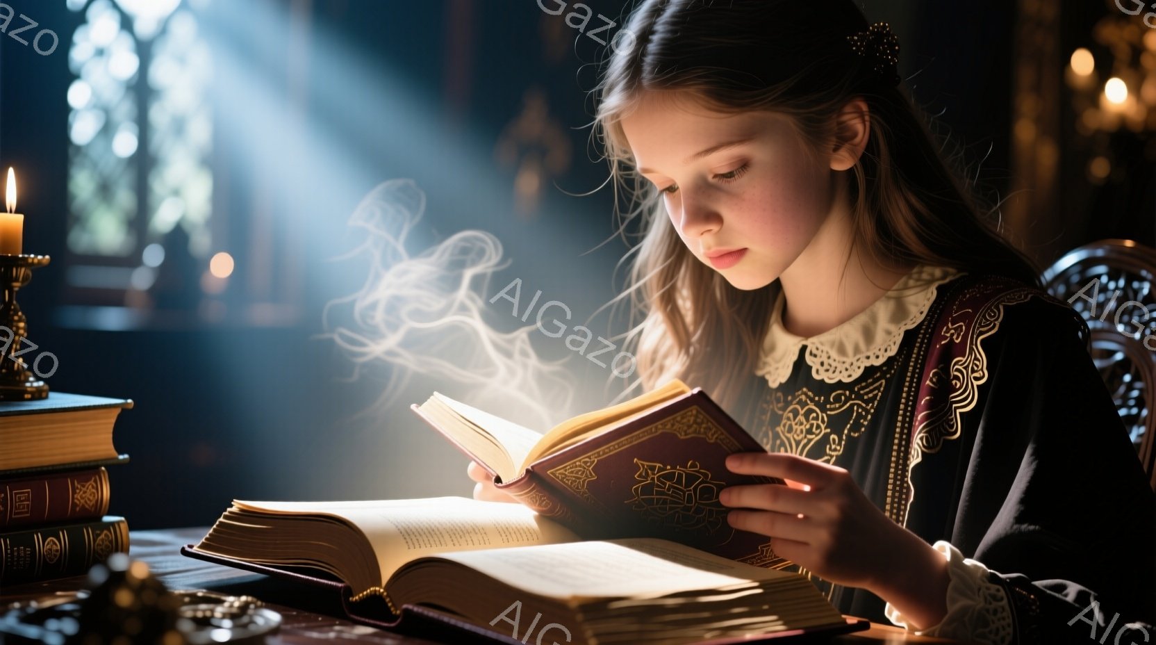 少女は暗い部屋で開かれた本を手にしている。彼女は黒いドレスと白い襟のブラウスを着ており、髪は後ろで三つ編みにされている。本からは光が放たれ、煙のような神秘的な光が立ち上り、部屋には古書やキャンドルが置かれ、荘厳で魔法のような雰囲気を醸し出している。