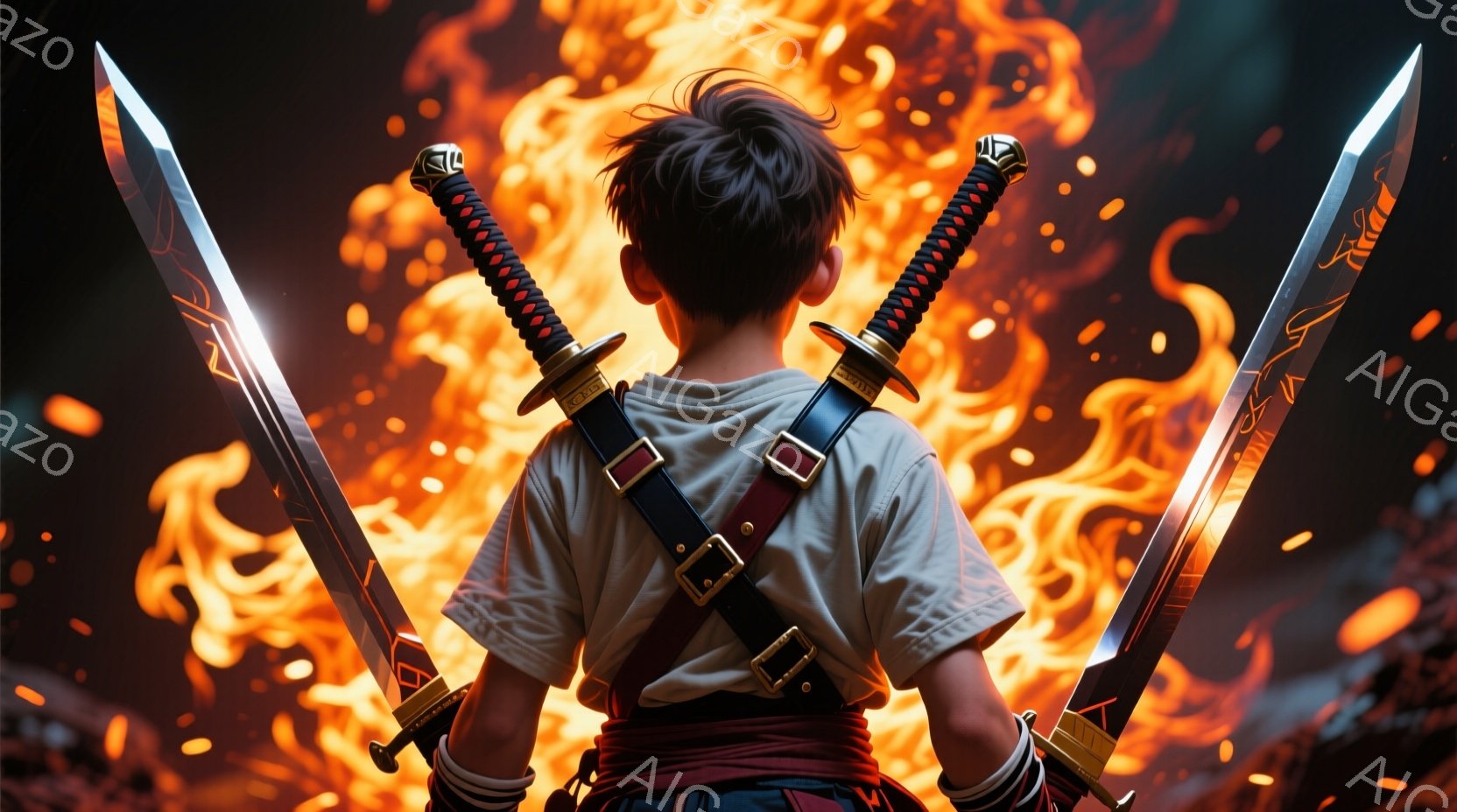 背後から見た少年が、二本の日本刀を肩に担いで立っている。白のシャツと赤い腰巻、そして足元には白いソックスとサンダルを履いている。背景は燃え盛る炎に包まれ、その光が少年のシルエットを際立たせ、緊迫感と力強い雰囲気を醸し出している。