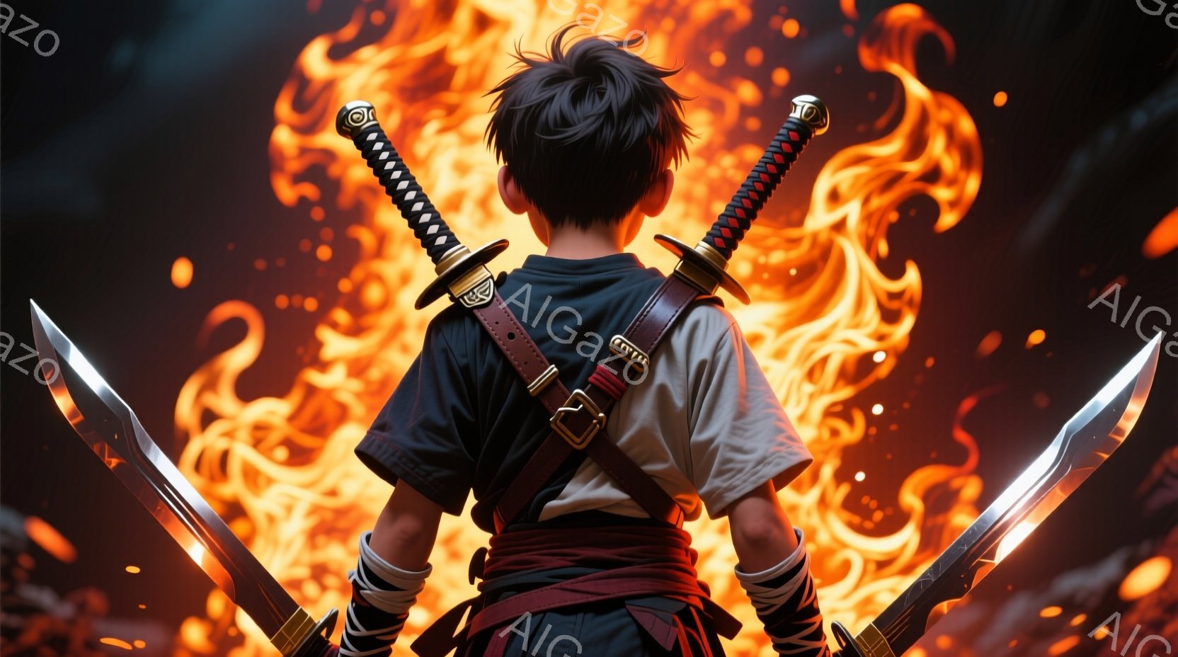 後ろ姿の少年は、白地に赤い模様が入った兵隊服のような服を着ており、赤い帯で締めています。肩には革製のハーネスが掛かっており、背中には二本の刀がクロスするように配置されています。背景は燃え盛る炎で、力強く、激しい雰囲気を醸し出しています。