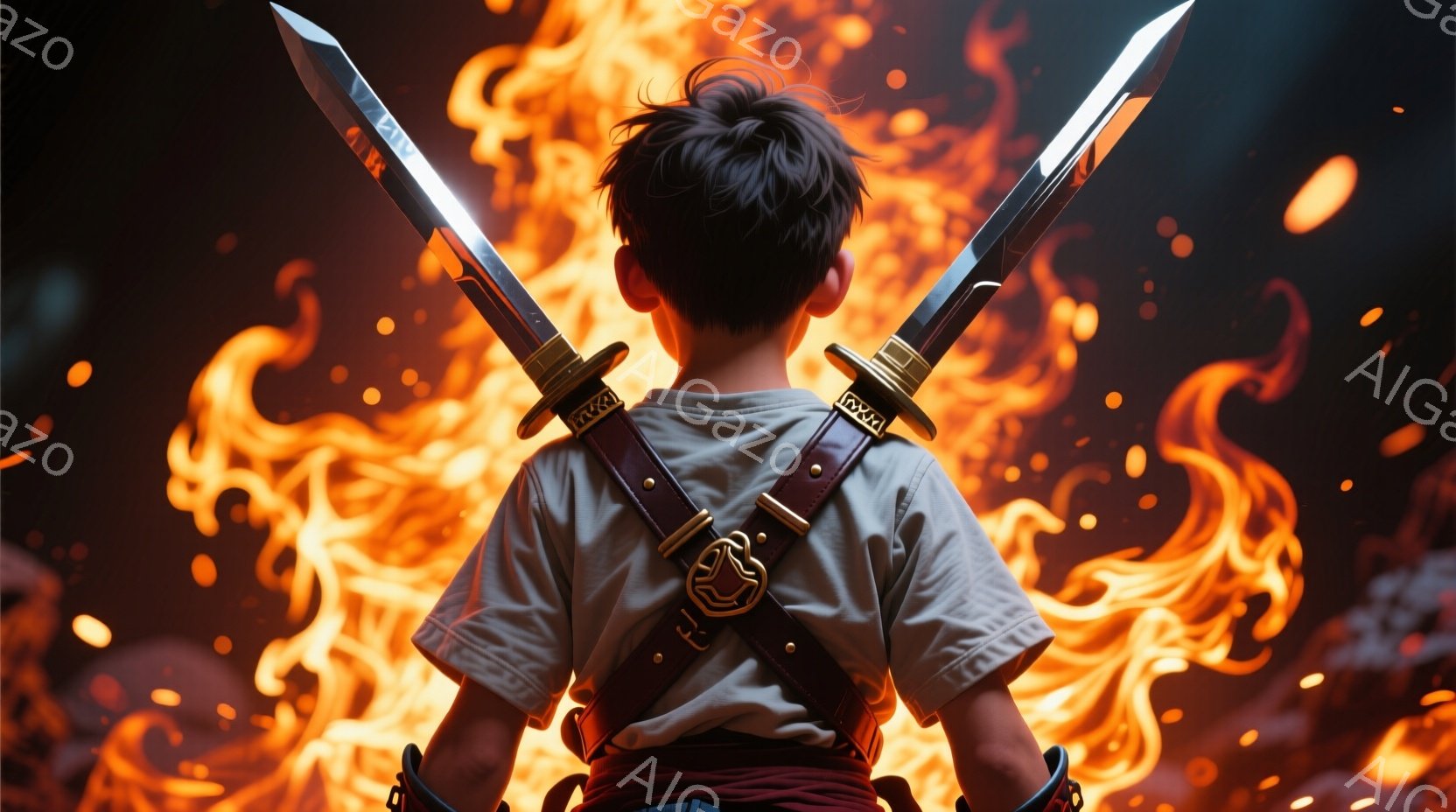 後ろ姿の少年が、肩に二本の剣を背負っている。白いシャツに赤い腰布を締め、黒髪は短く整えられている。背景は燃え盛る炎で、少年と炎のコントラストが強く、緊迫感とドラマチックな雰囲気を醸し出している。