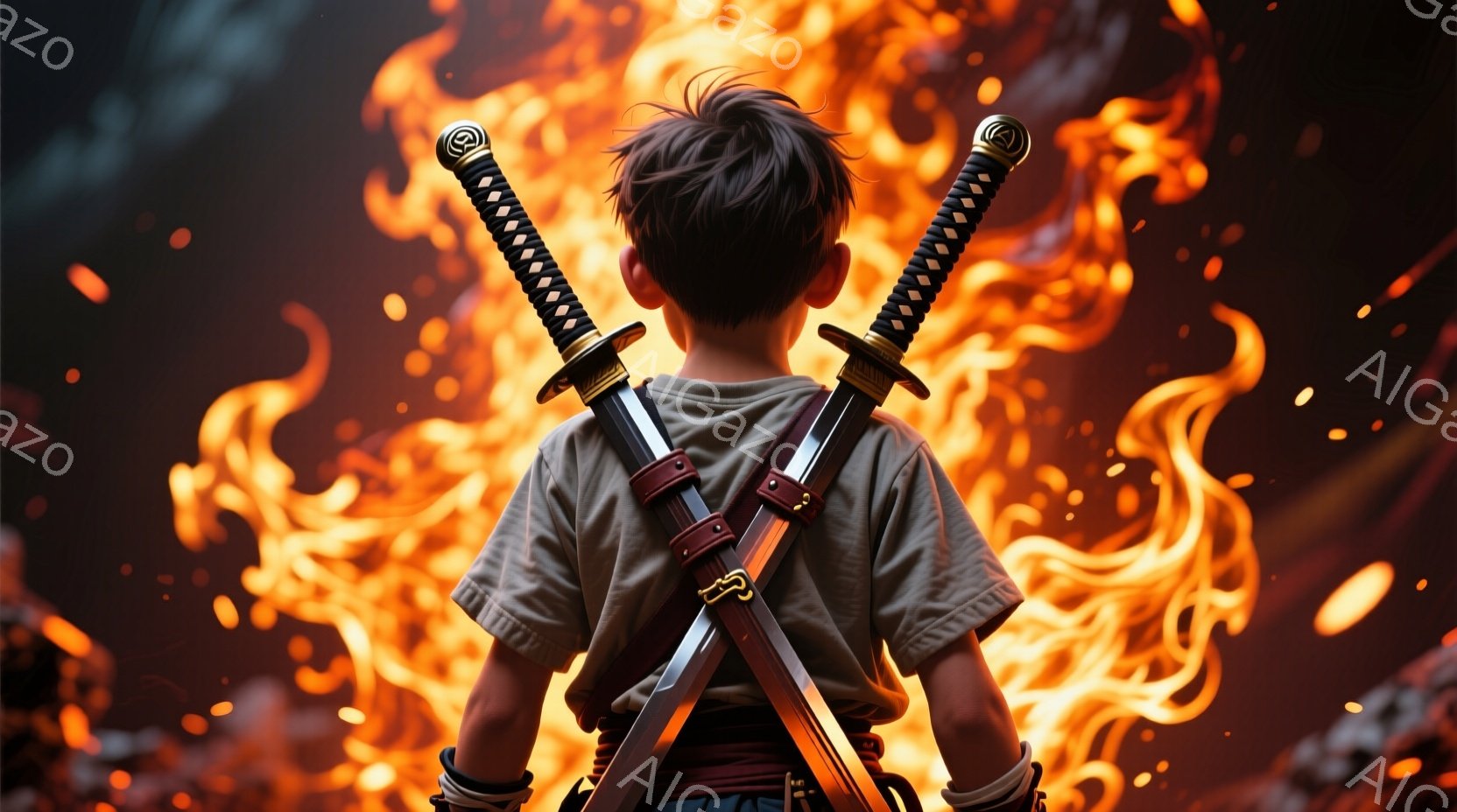 後ろ姿の少年が、背中に二本の刀を背負っています。少年は短い茶色の髪を持ち、薄茶色のシャツと黒いベルトを締めています。背景は激しい炎に包まれ、緊迫感と力強さを感じさせる雰囲気です。