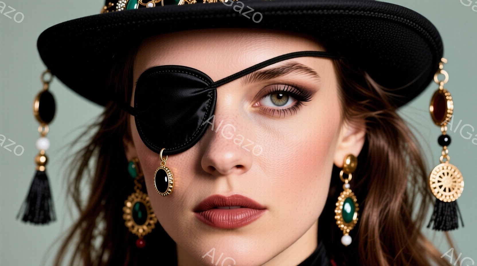 明るい肌色の女性が写っており、片目に黒い眼帯をつけています。彼女は黒い襟付きの服を着ており、複雑な金の装飾とタッセルが付いた独特の帽子を被っています。鮮やかな色のイヤリングを身につけ、真剣で少し挑発的な表情をしています。