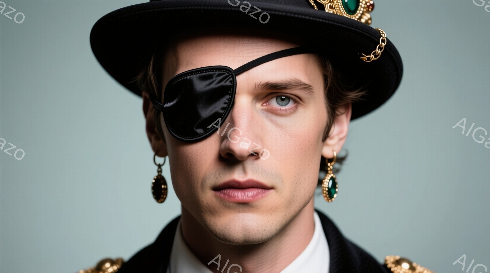 鮮やかなエメラルドグリーンのイヤリングと、金色の縁取りが施された黒い帽子を被った若い男性のクローズアップ写真です。彼の左目は黒い眼帯で覆われており、顔色は青白く、表情は控えめですが、どこか挑戦的な視線を送っています。背景は淡い緑色で、男性の独特なファッションセンスとミステリアスな雰囲気を際立たせています。