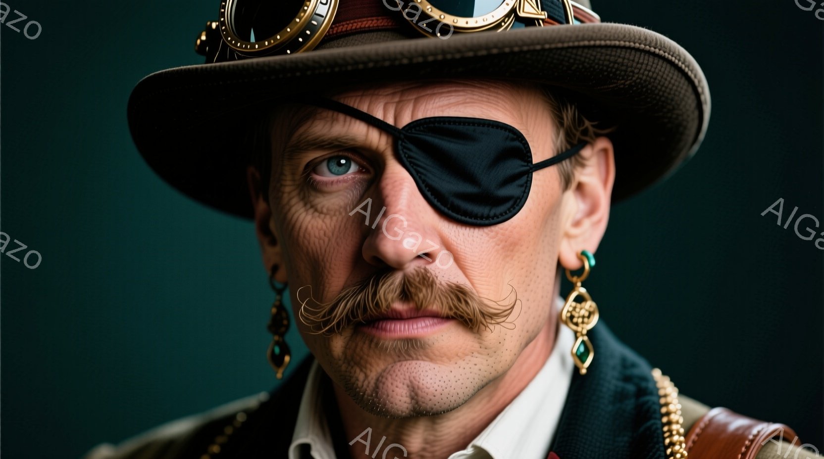 目の上に眼帯をした、口ひげが特徴的な男性が写っている。彼は、歯車が装飾された帽子と、緑色のジャケット、白いシャツを着用し、耳には宝石のピアスをつけている。背景は暗い緑色で、全体的に冒険家やスチームパンク風の雰囲気を醸し出している。
