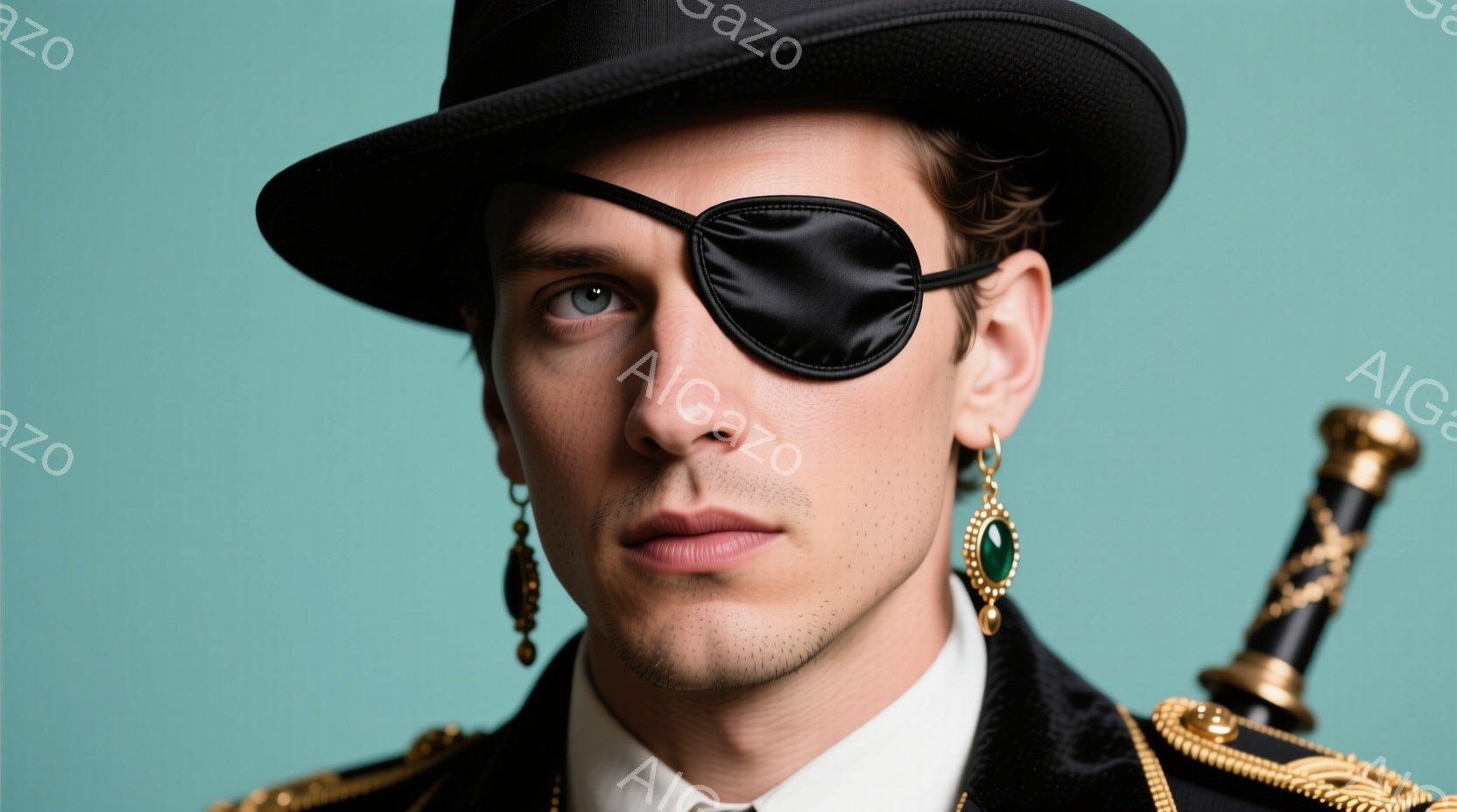 片目に眼帯をした若い男性が写っています。彼は黒い帽子と金色の装飾が施された黒いジャケット、白いシャツを着ており、耳には緑色の宝石のイヤリングが光ります。彼の表情はやや無表情で、自信と謎めいた雰囲気を醸し出しています。
