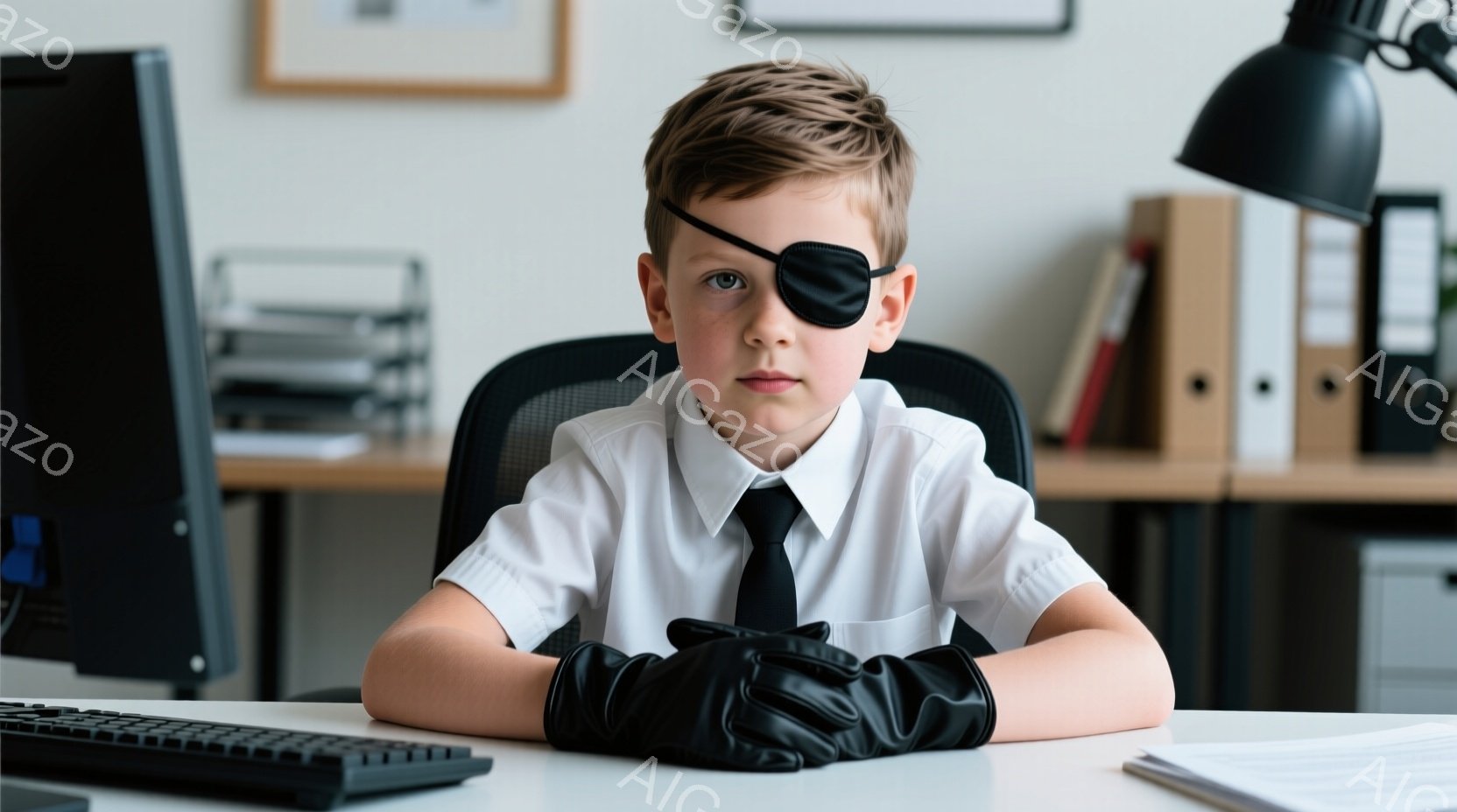 少年は片方の目に眼帯をつけ、黒いネクタイと白いシャツを着て、机に向かっています。彼は真剣な表情でカメラを見つめ、片手には黒い手袋を置いています。背景には、コンピューターモニター、キーボード、書類が置かれたオフィスのような空間が広がっており、全体的にミステリアスで少しコミカルな雰囲気を醸し出しています。