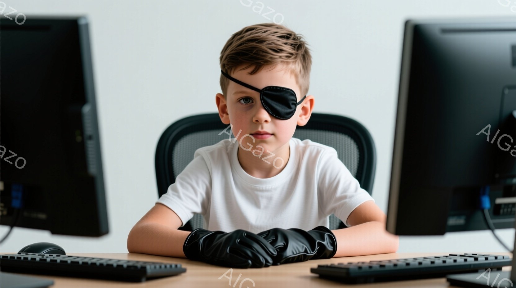 若い少年がコンピューターの前に座っており、片目に眼帯をつけ、片手には黒い手袋をはめています。彼は真っ白なTシャツを着ており、髪は茶色で少しカールしています。背景にはモニターとキーボードがあり、全体的に少し謎めいた、冒険心くすぐられる雰囲気を醸し出しています。