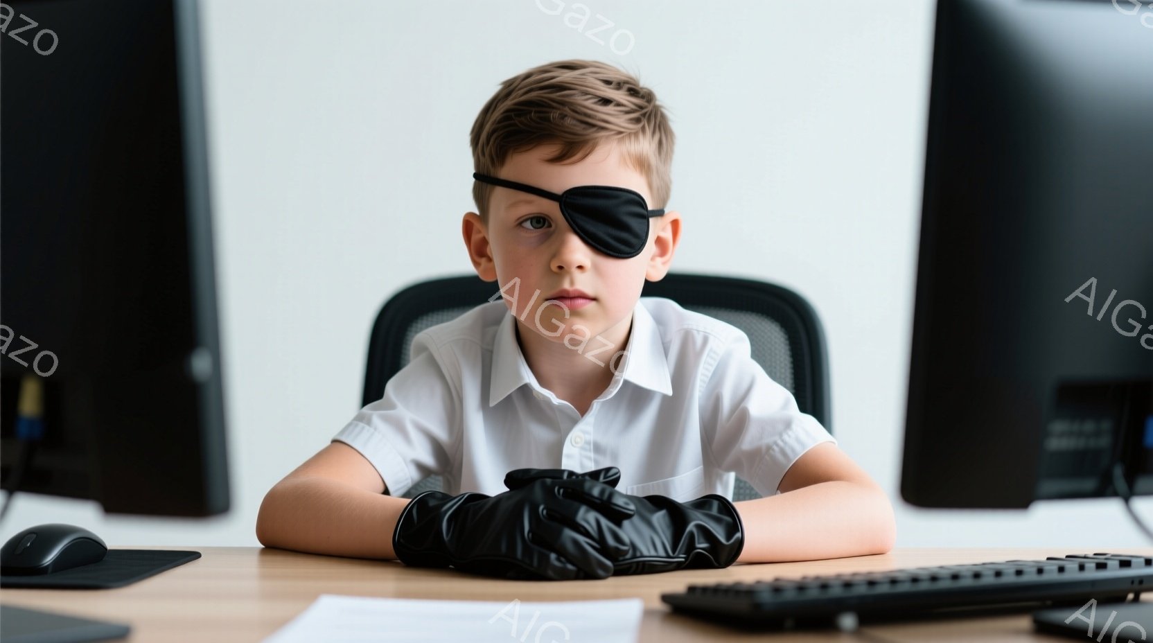 少年は白いシャツを着て、片目に眼帯をつけています。彼は机に座り、片手を前に出して、真剣な表情でカメラを見ています。背景にはコンピューターモニターとキーボードがあり、室内で撮影されたようです。