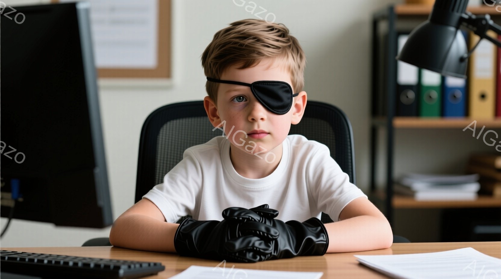 男の子は白いTシャツを着ており、片目に眼帯、手に黒い革手袋を着用しています。彼は机に向かって座っており、真剣な表情でカメラを見つめています。背景には、本棚や書類が置かれた室内がぼやけて見え、室内は明るく、集中した雰囲気が漂っています。