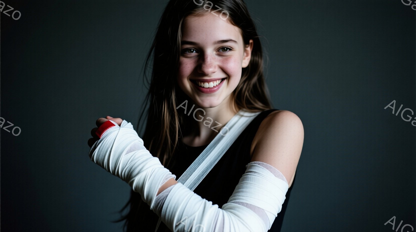 若い女性が写っており、両腕にはボクシングのバンデージが巻かれています。彼女は黒いタンクトップを着ており、明るい笑顔を浮かべてカメラを見つめています。背景は暗いグレーで、彼女が中心に配置されており、全体として活気があり、自信に満ちた雰囲気を醸し出しています。