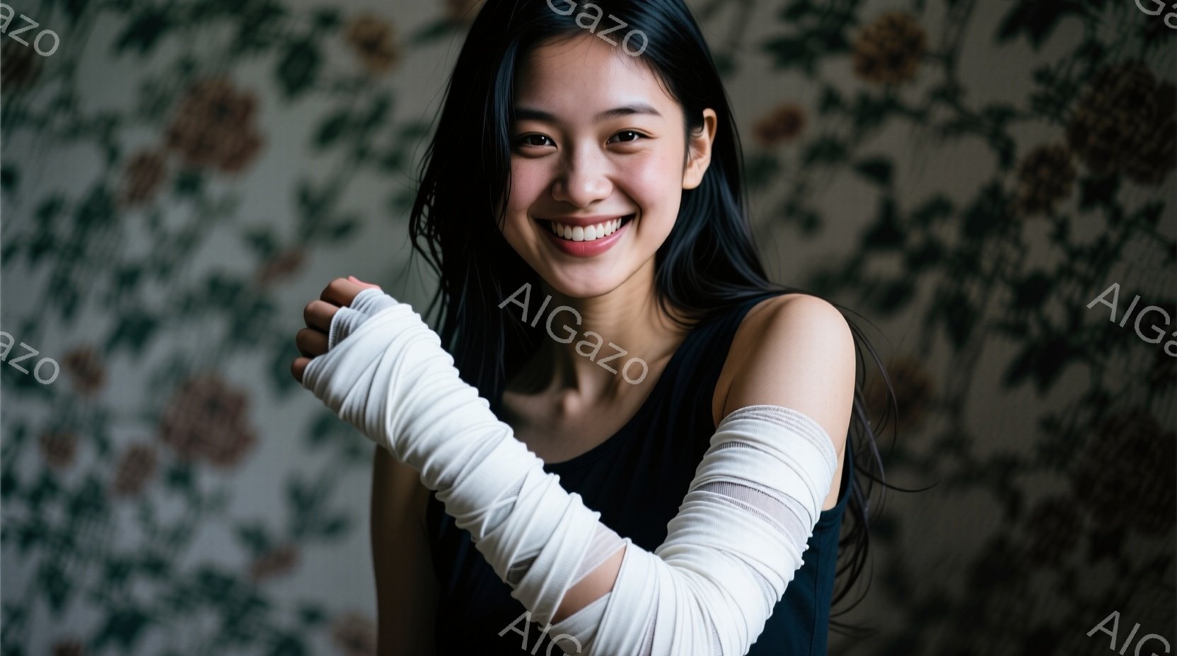 長い黒髪の女性が、黒いタンクトップを着て、片腕に包帯を巻いています。彼女は微笑んでおり、その表情は明るく、自信に満ちています。背景には、淡い茶色とクリーム色の花柄の壁紙があり、全体的に柔らかく、少しレ - AI生成フリー素材