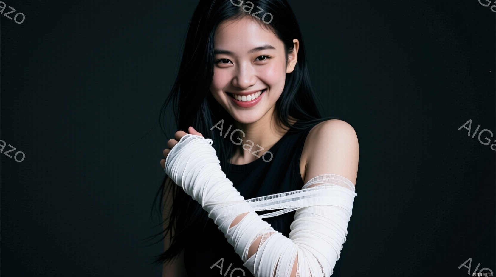 黒いトップスを着た若い女性が写っており、両腕に包帯を巻いています。彼女は明るい笑顔を浮かべ、カメラに向かってわずかに体を傾けています。背景は暗いグレーで、女性が際立つように意図されています。 - AI生成フリー素材