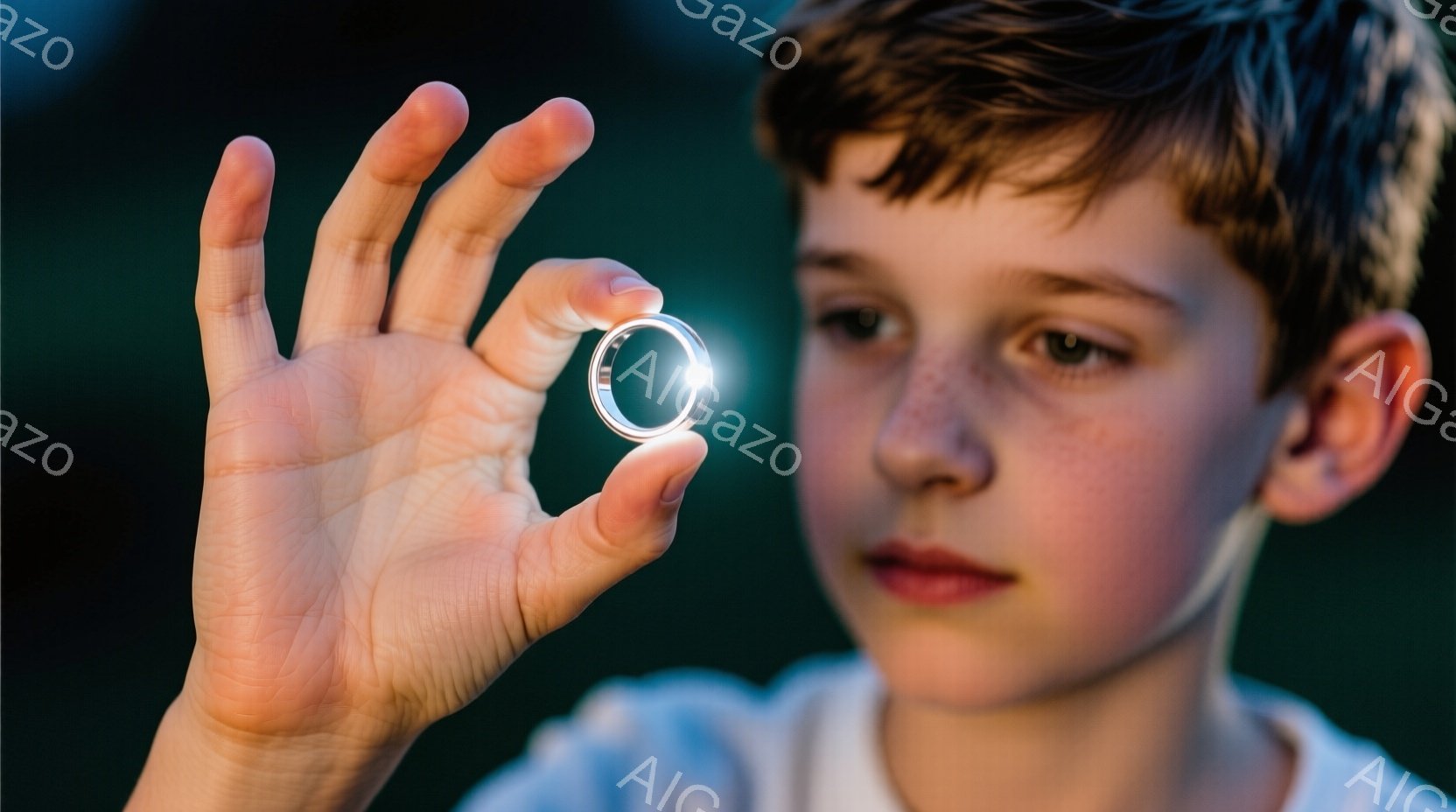 若い少年が、光る指輪を手のひらに浮かべています。彼は淡い青色のシャツを着ており、茶色の髪は短く、表情はやや真剣です。背景はぼやけており、緑の自然が見え、夕暮れのような薄暗い光が全体を包んでいます。