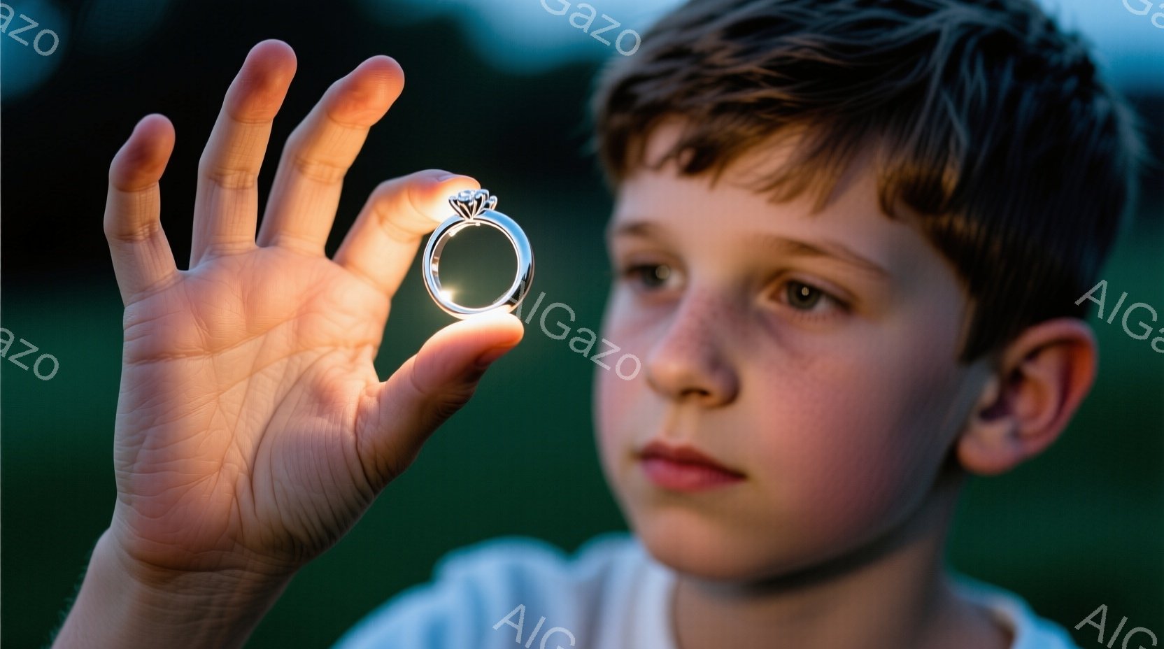 若い少年が、片手を前に伸ばし、指にはめられた婚約指輪を見せています。彼は白い襟付きのシャツを着ており、短く整えられた茶色の髪と、少し憂いを含んだ表情をしています。背景は緑豊かな自然で、夕暮れ時のような - AI生成フリー素材