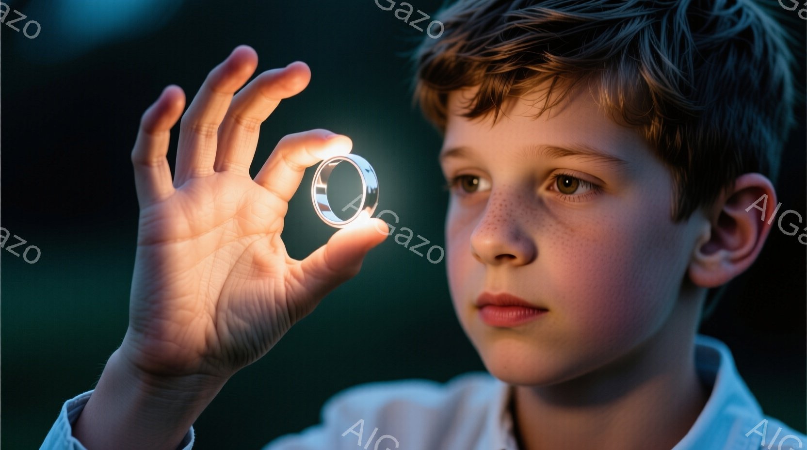 少年は白いシャツを着ており、そばかすのある顔で真剣な表情をしています。彼は片手を前に伸ばし、光を放つリングを捉えています。背景は暗く、ぼやけており、リングに焦点を当てた神秘的な雰囲気を醸し出しています。